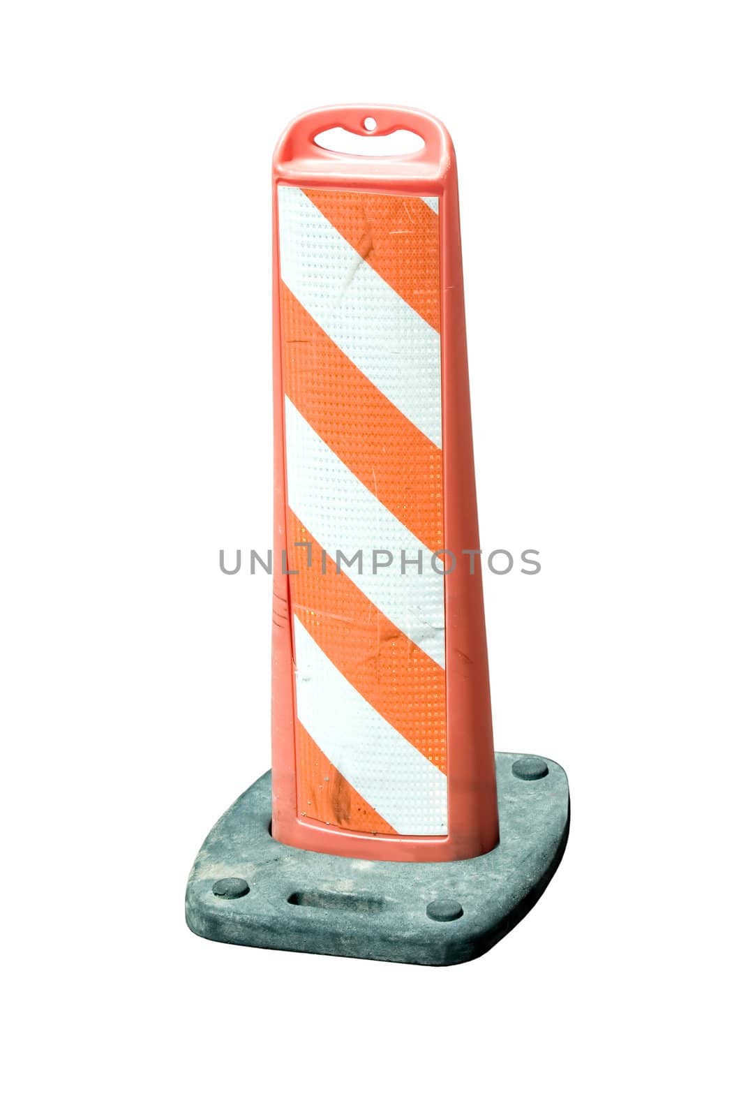 This is an orange roadway barricade with orange and white reflective markings isolated on white.