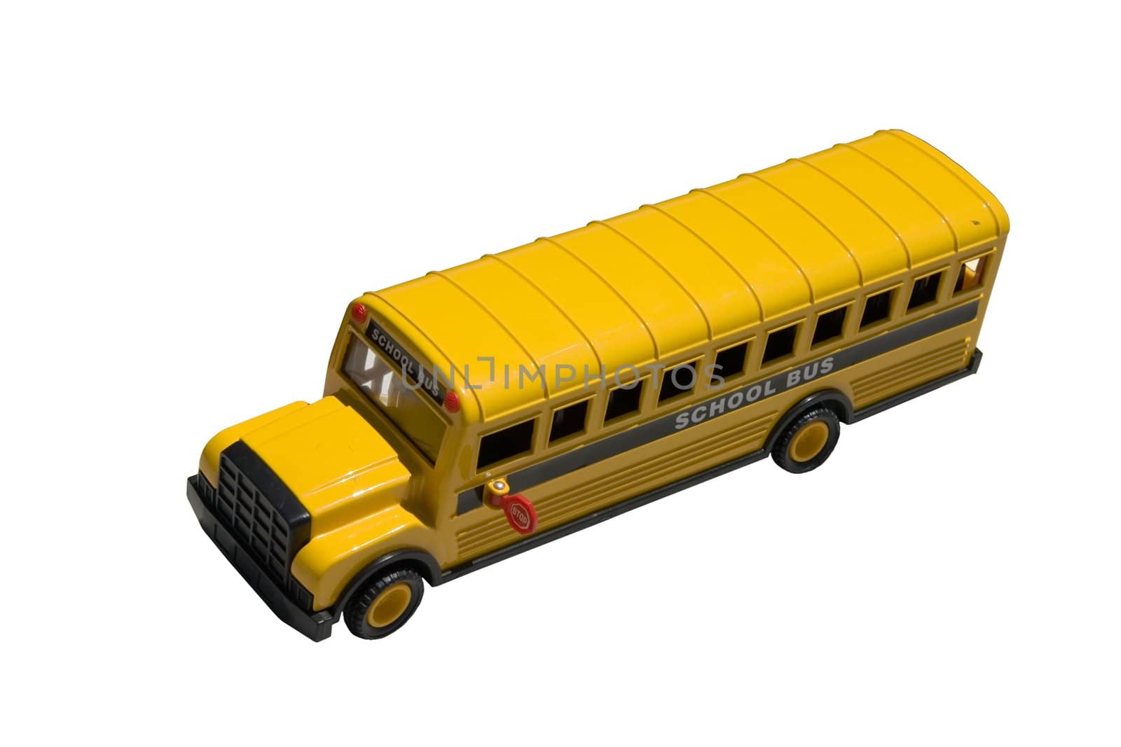This is a picture of the top of a toy school bus isolated on white.