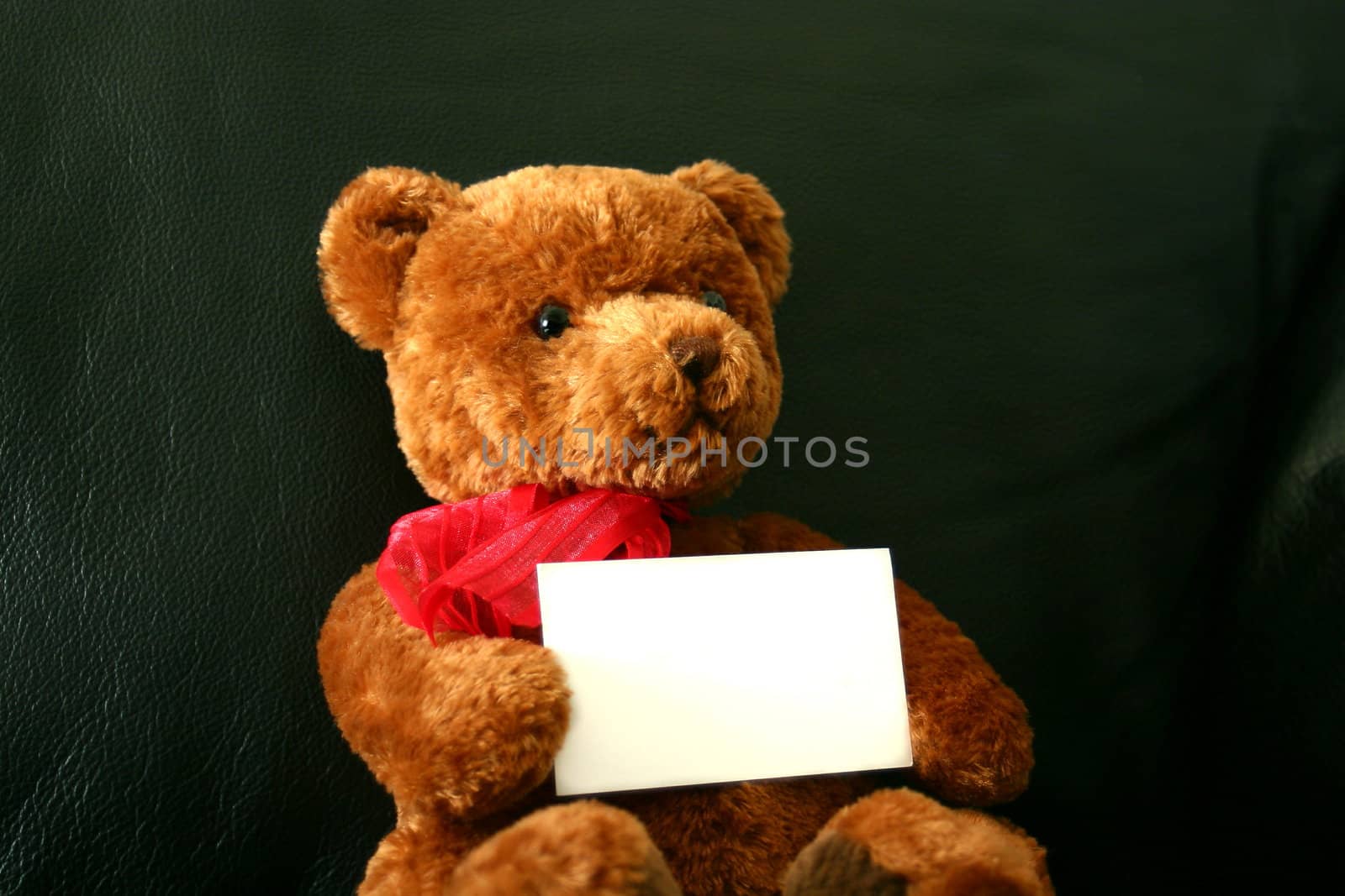 Soft brown teddy bear on a black leather couch with a red heart and red neckerchief holding a business card.