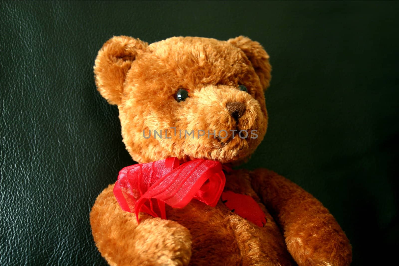 Soft brown teddy bear on a black leather couch with a red heart and red neckerchief. 
