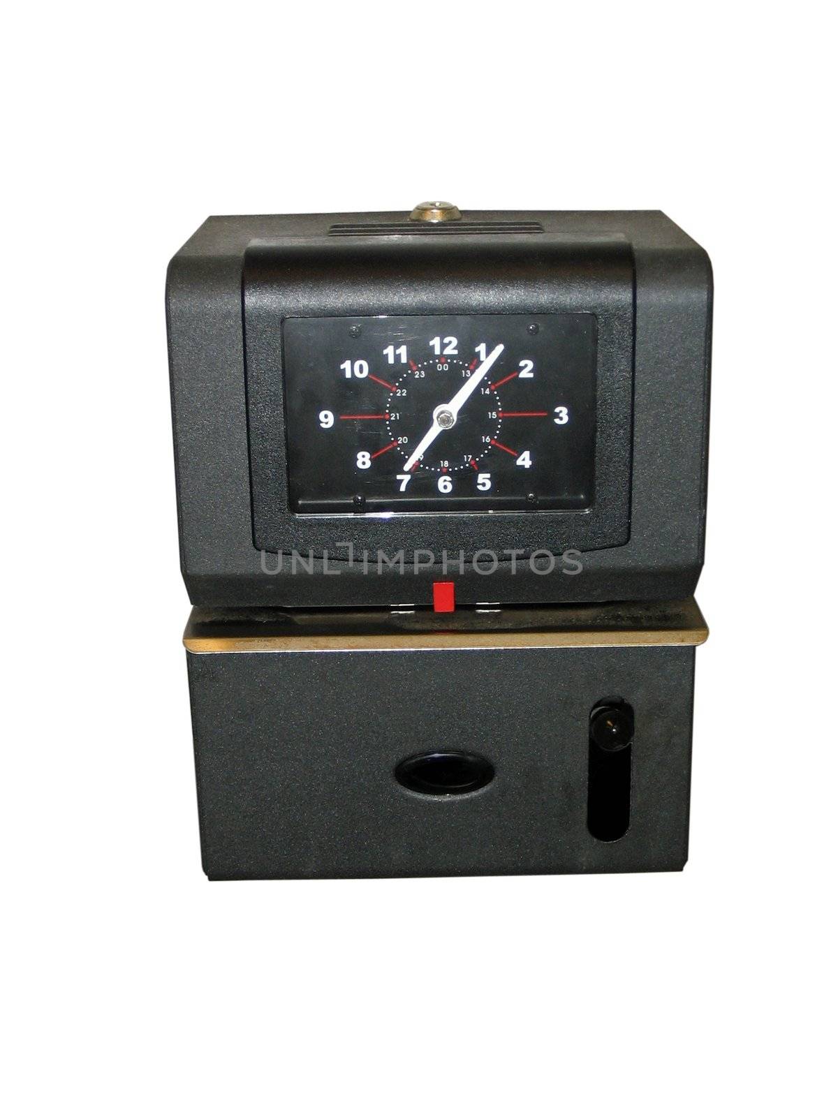 This is a picture of a black wall mounted time clock that has been cut-out and isolated on a white background.
