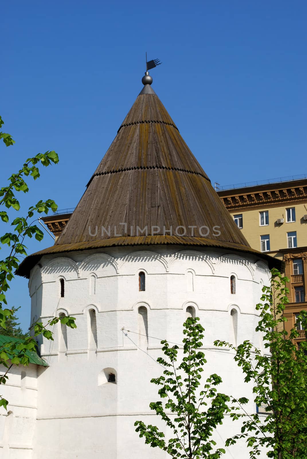 White tower of russian monastery, Moscow, Russia