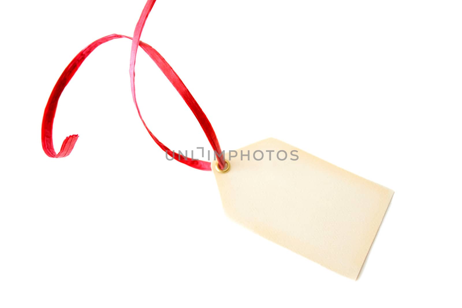 A blank tag with a red ribbon isolated on a white background.