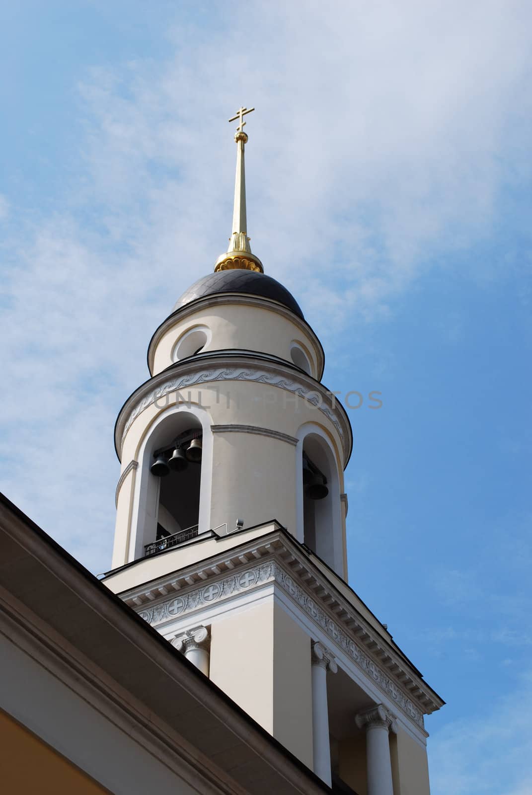 Bell-tower of russian orthodox church. Moscow, Russia. Classical architecture style