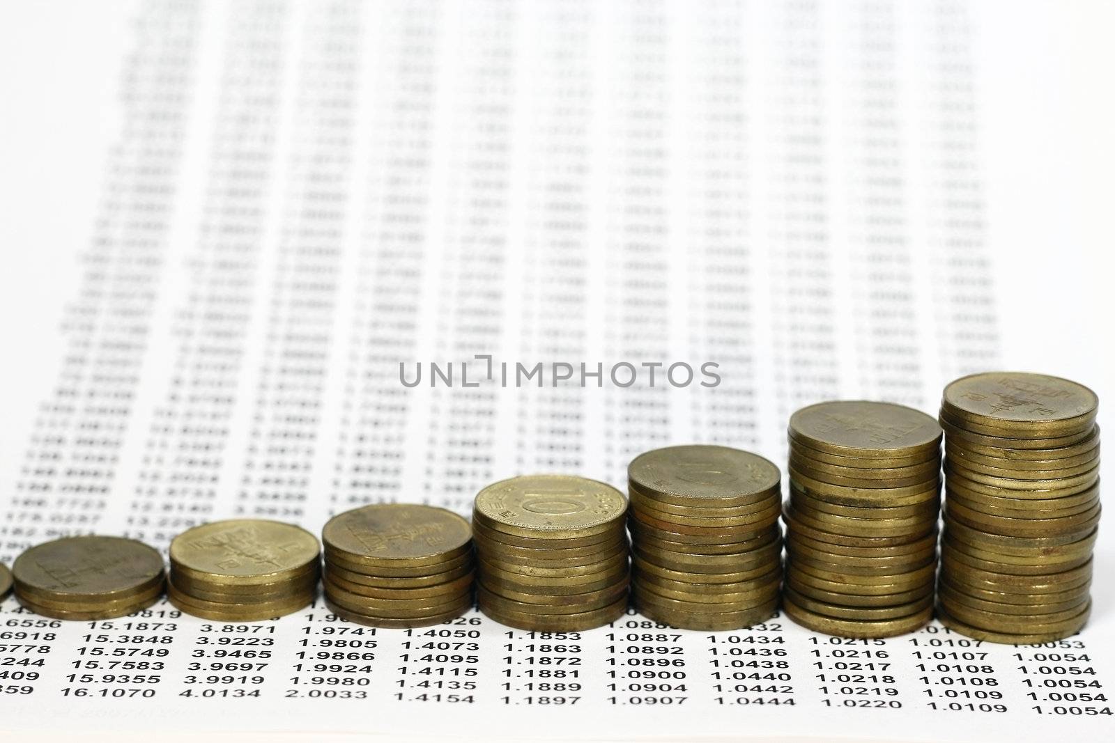 Money Growth concepts- coins graph in a number progression background