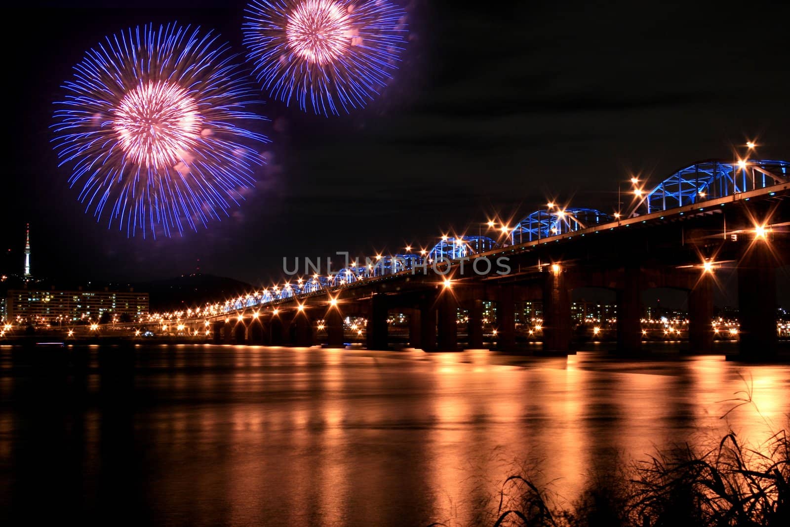 Spectacular Fireworks in Han River with reflection