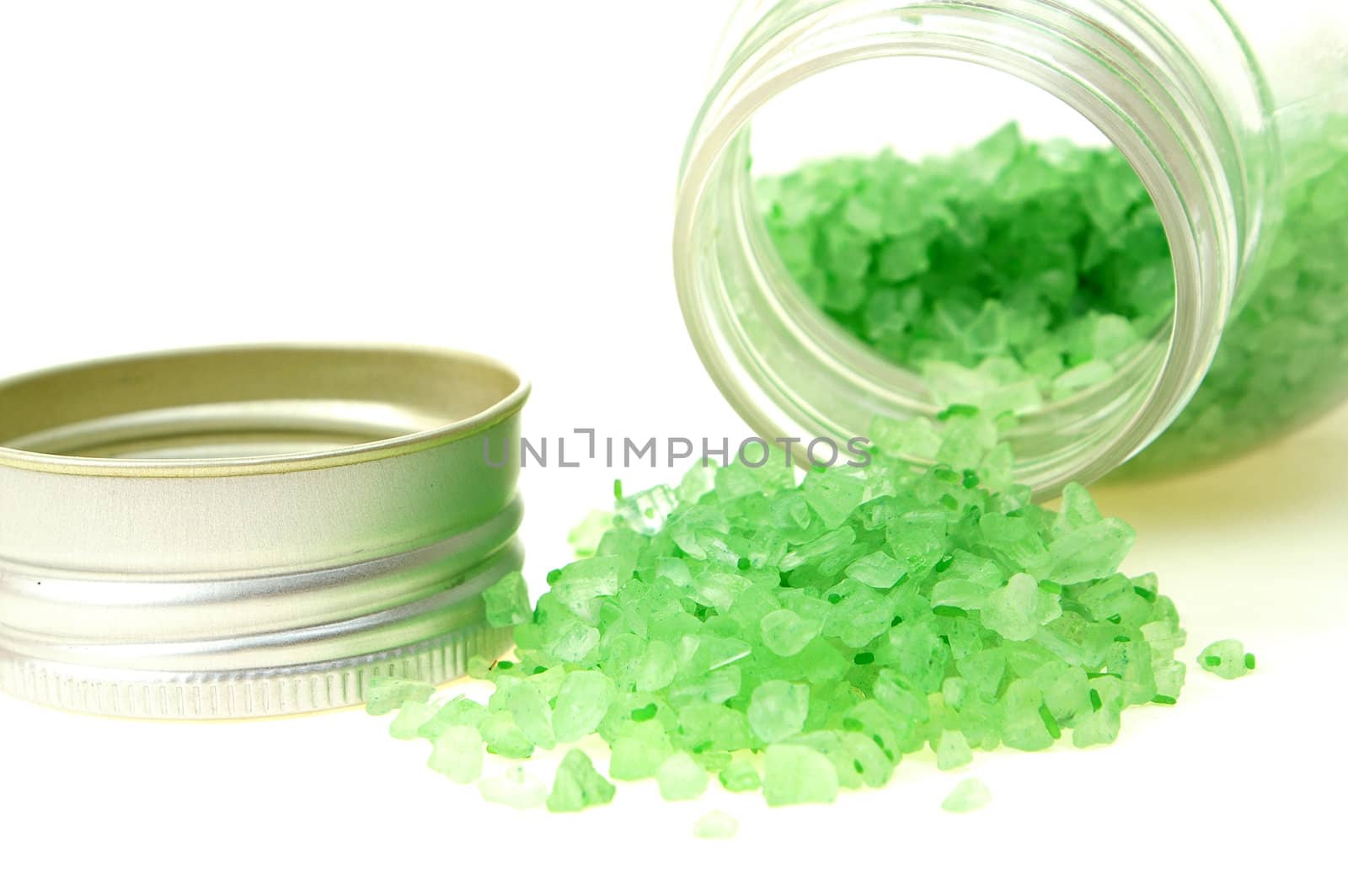 Green bath salt isolated on white background