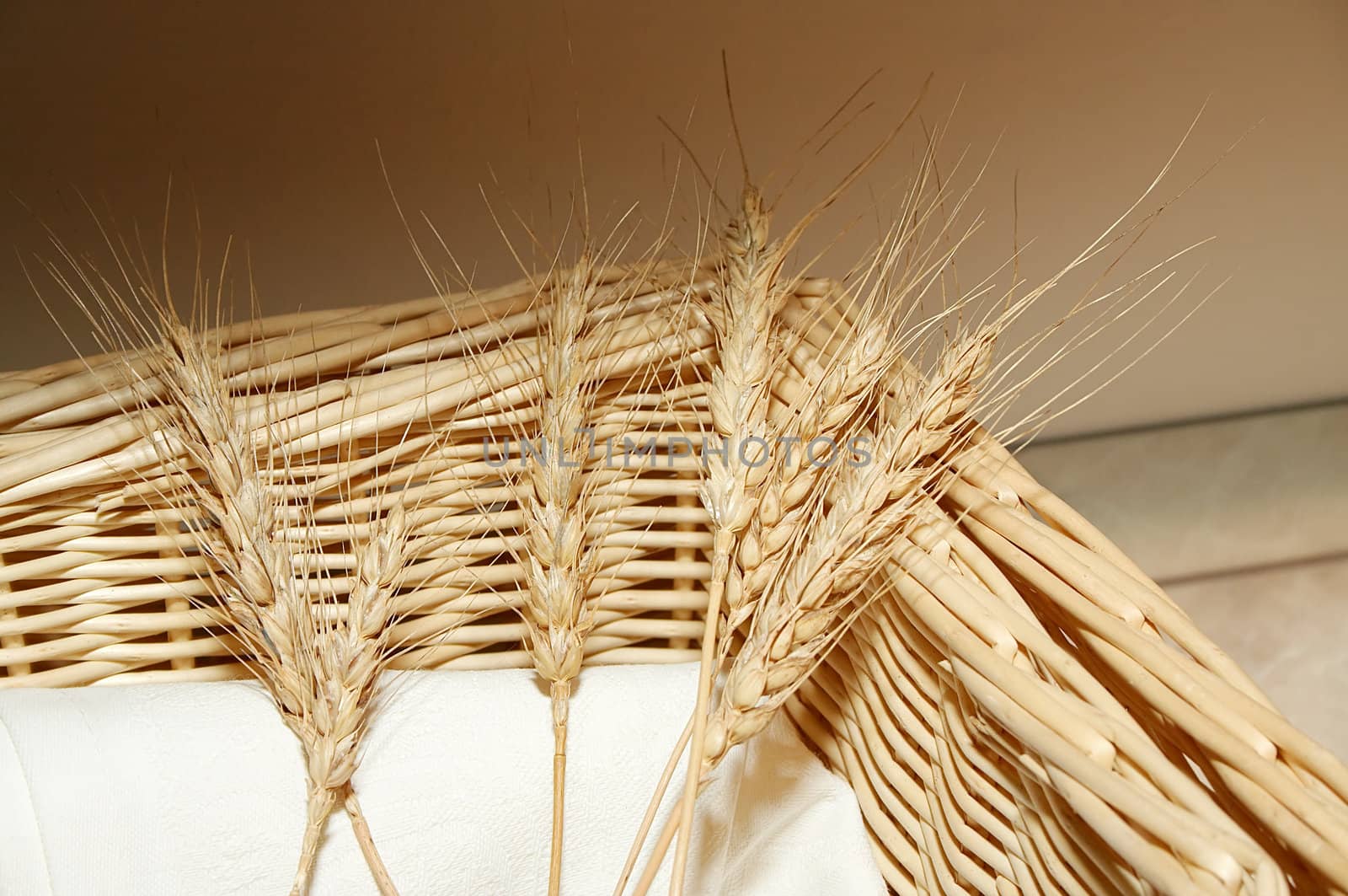 Wheat in a basket on a background of a wall
