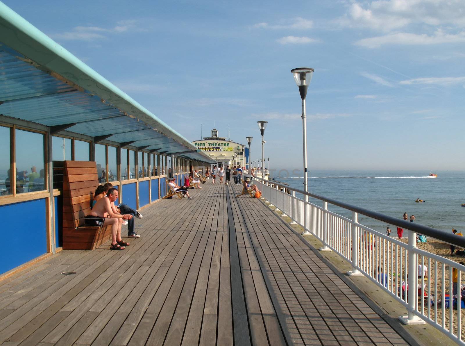 Bournemouth Pier, Dorset, Britain. Looking out to sea and the Pier Theatre.