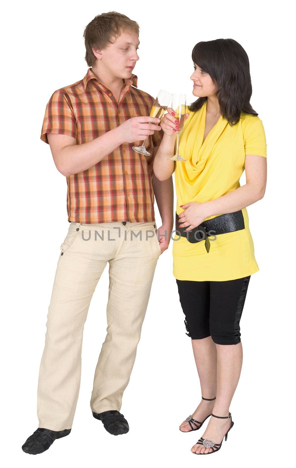Girl and the guy drink champagne wine on a white background
