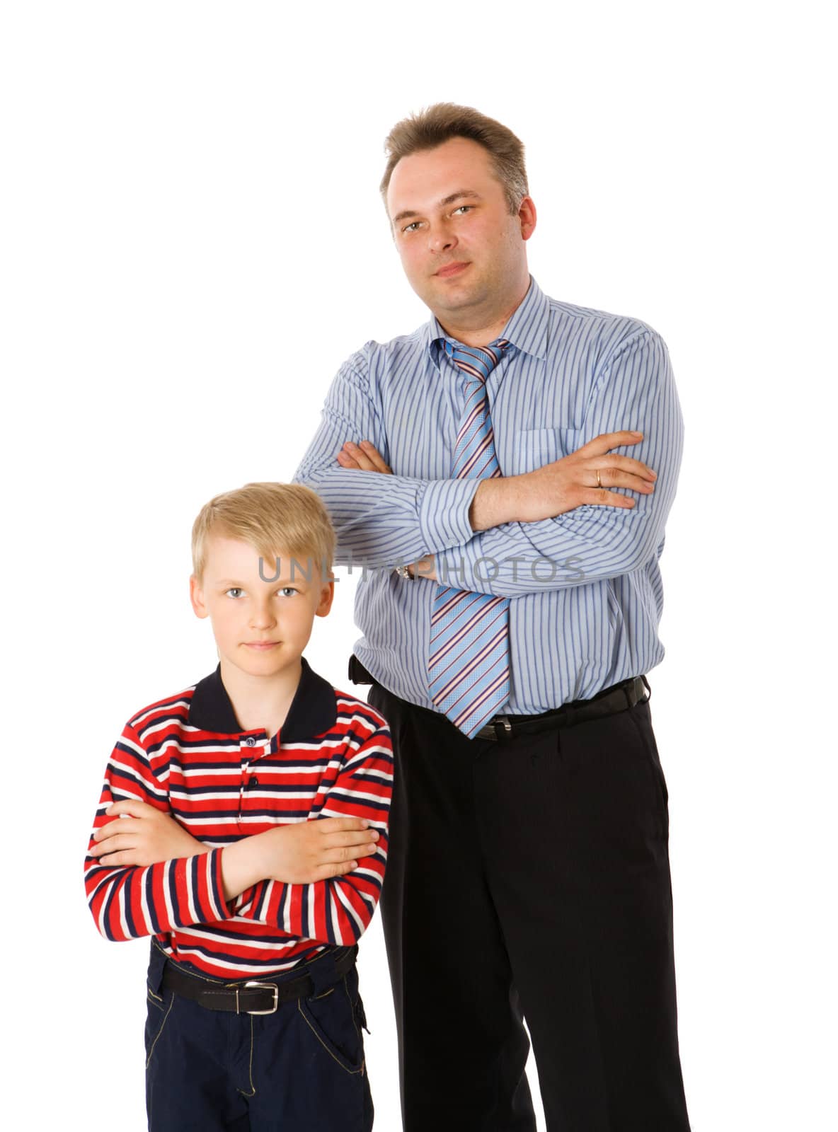 Father and son posing together isolated on white