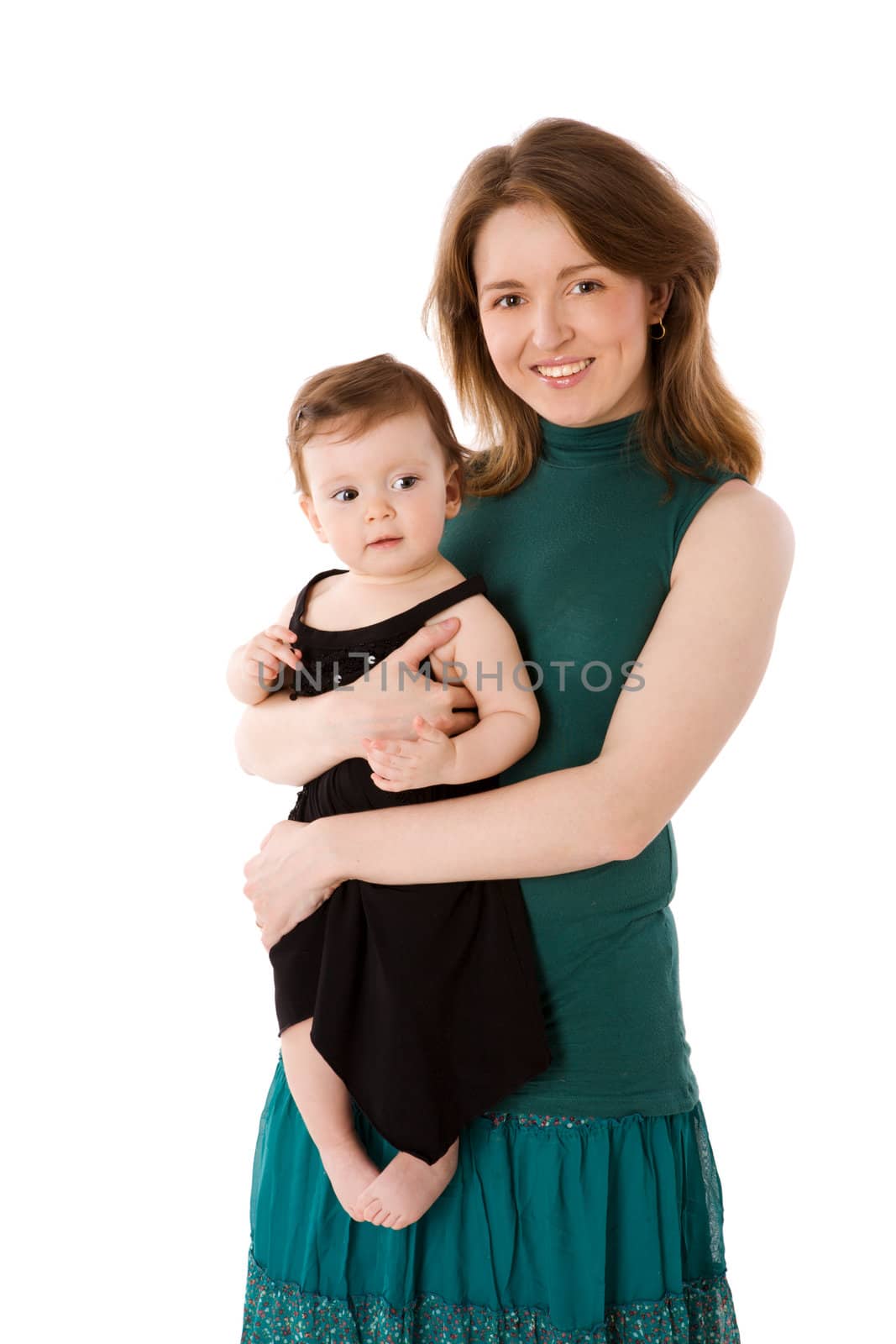 Mother with daughter posing together isolated on white