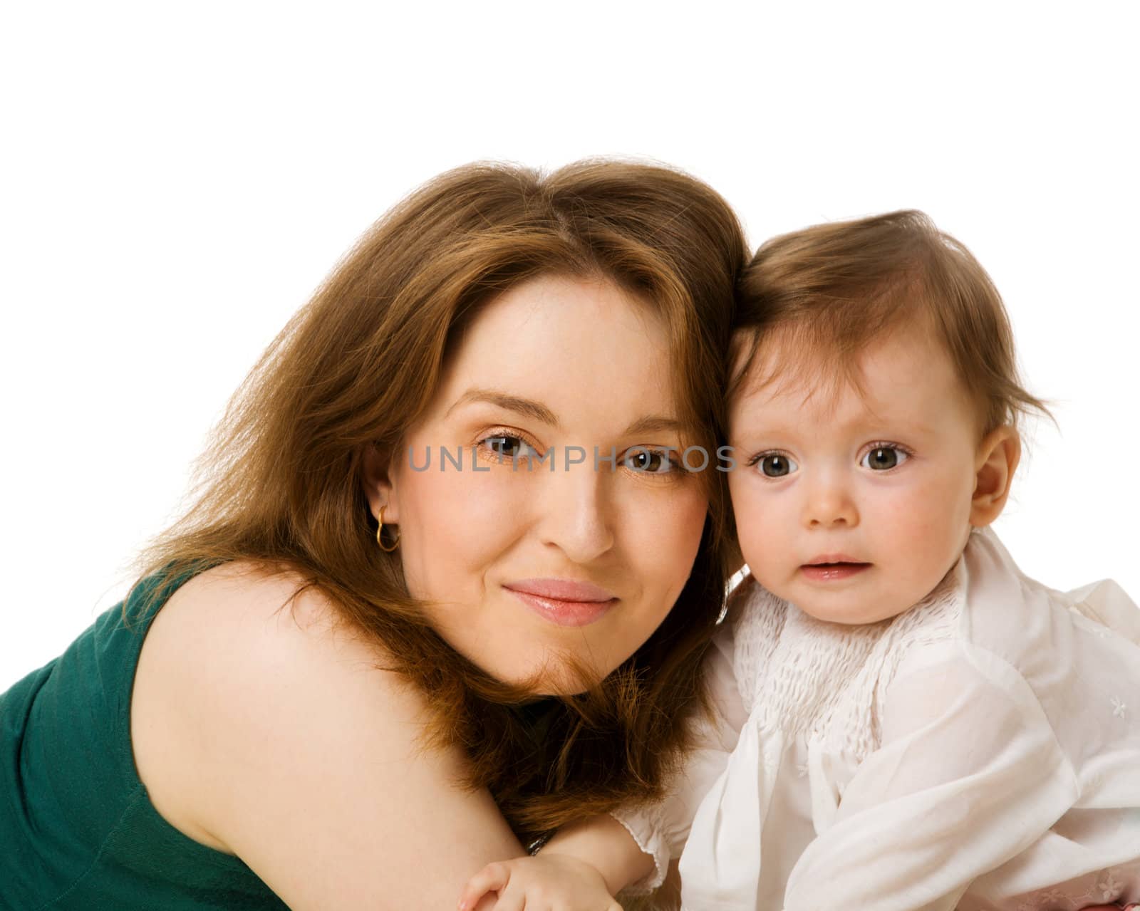 Mother with daughter posing together isolated on white