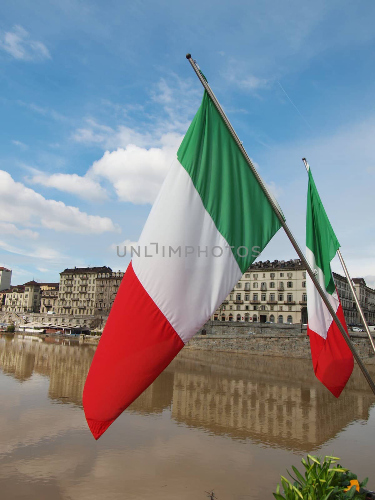 TURIN PIEDMONT ITALY MARCH 17: Celebrative flags for the 150th anniversary year of Italian unification March 17 2011 in Turin Piedmont Italy