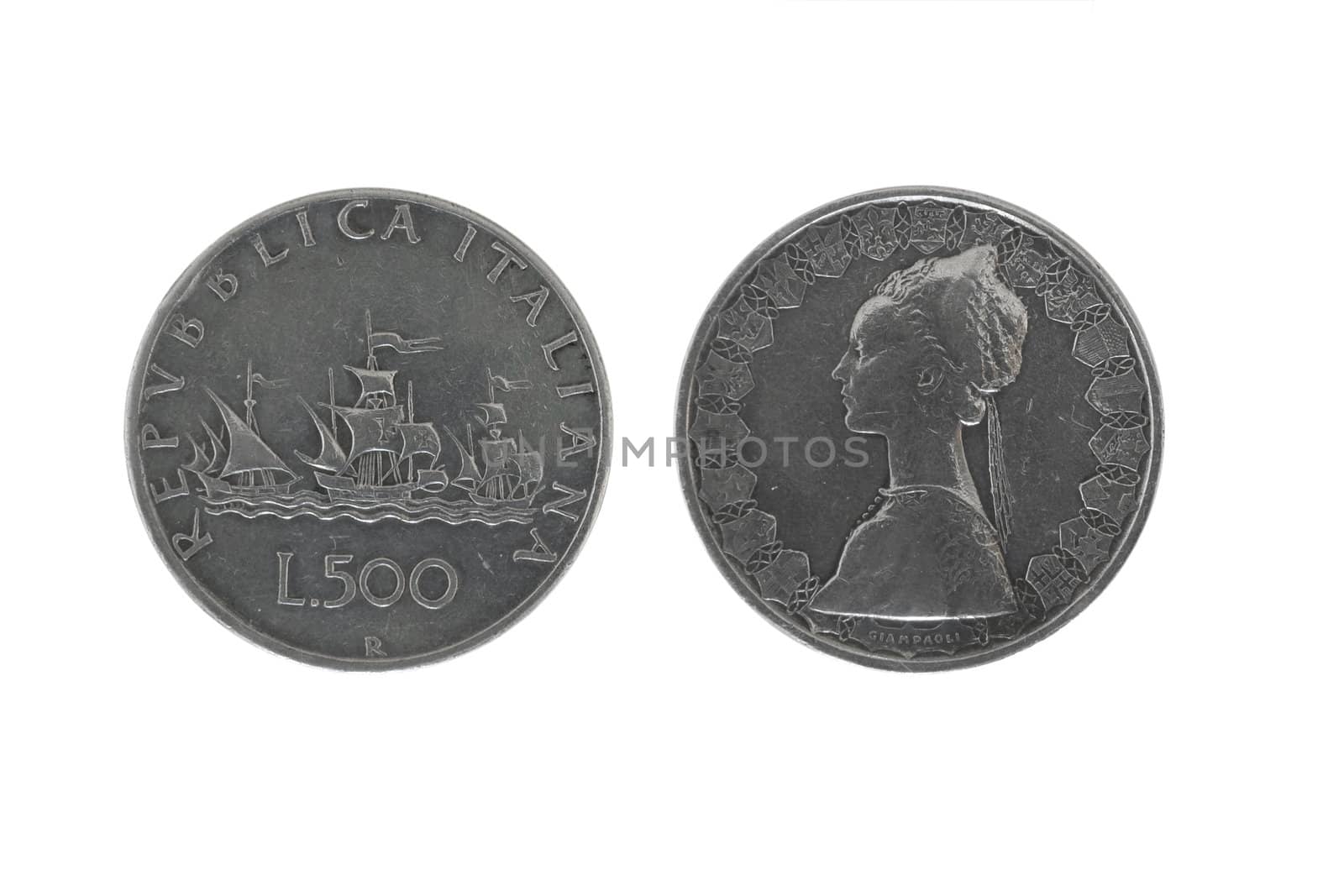 old 500  italian silver coins isolated on white background