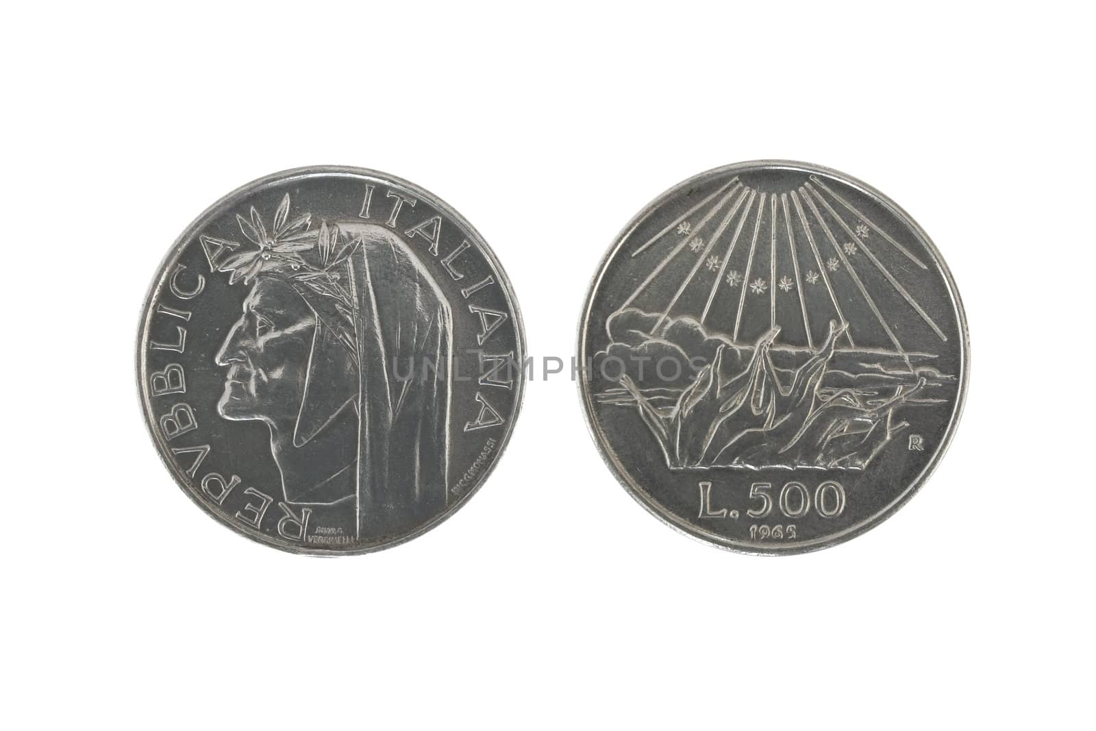 old 500  italian silver coins isolated on white background