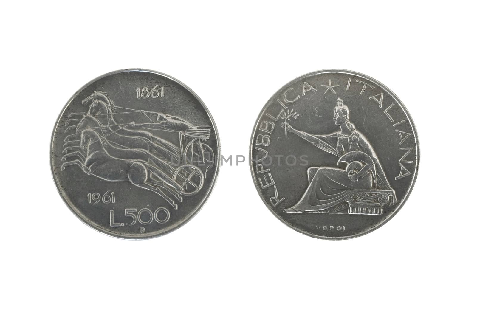 old 500  italian silver coins isolated on white background