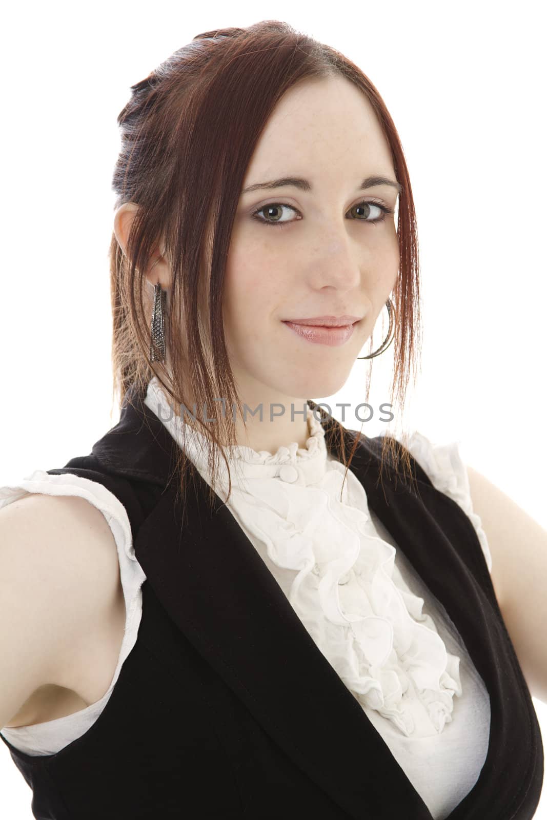 Head shot of a young woman against a white background