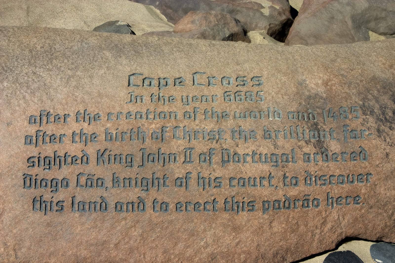 Inscription at Cape Cross on the Skeleton Coast, Namibia, commemorating Diago Cao's discovery of Namibia