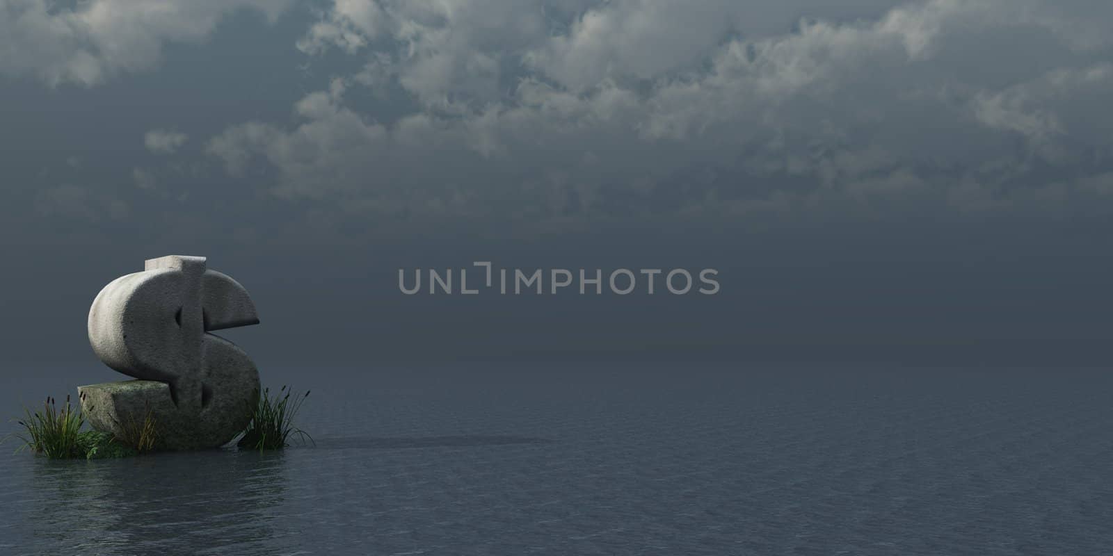 dollar rock in dark water landscape - 3d illustration