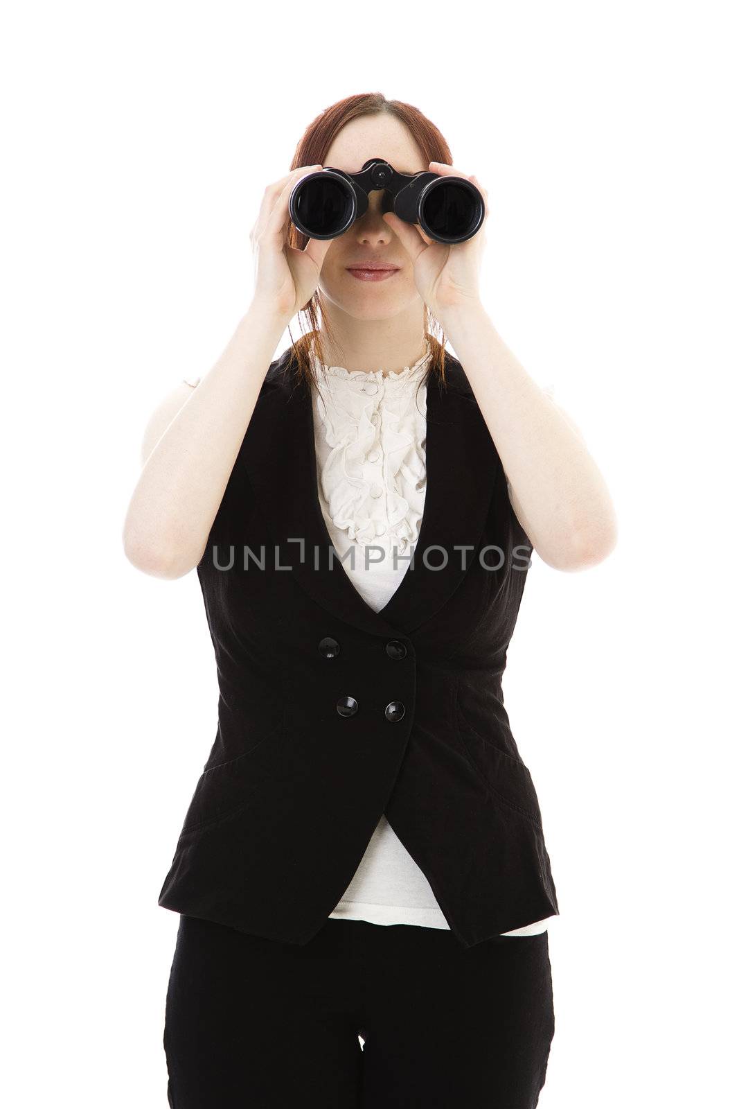 Young business woman looking throught binoculars against a white background