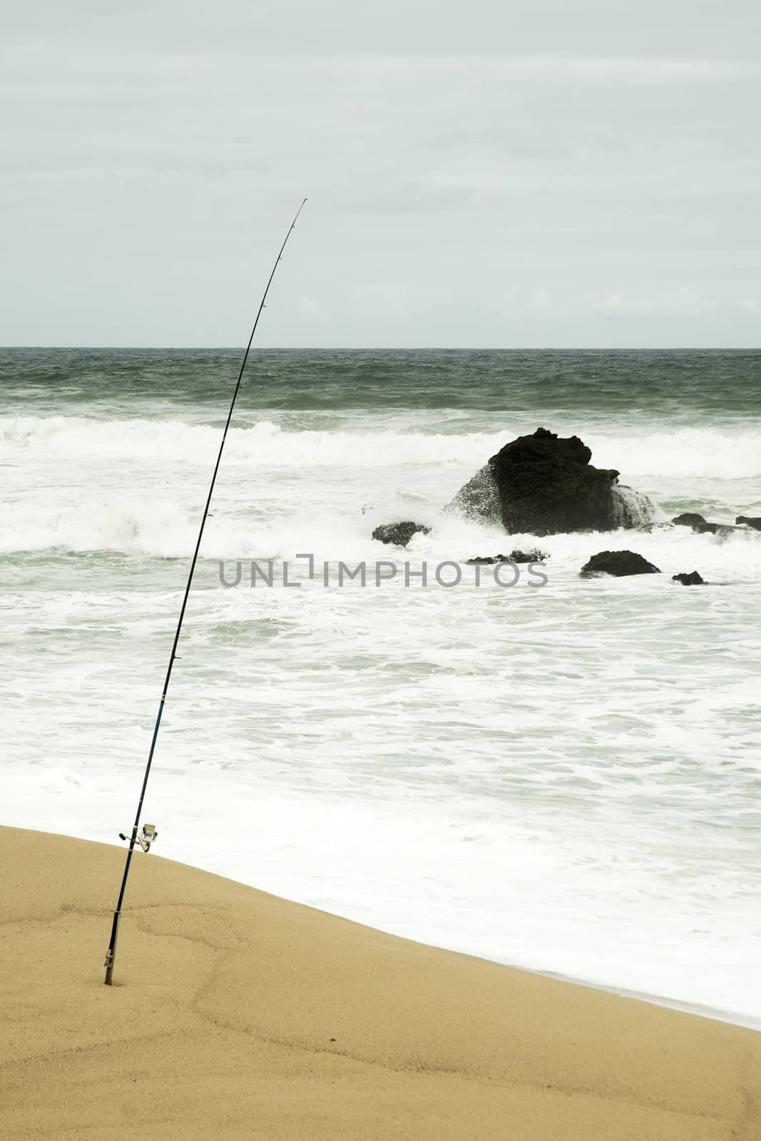 Sticked fishing rod by the beach