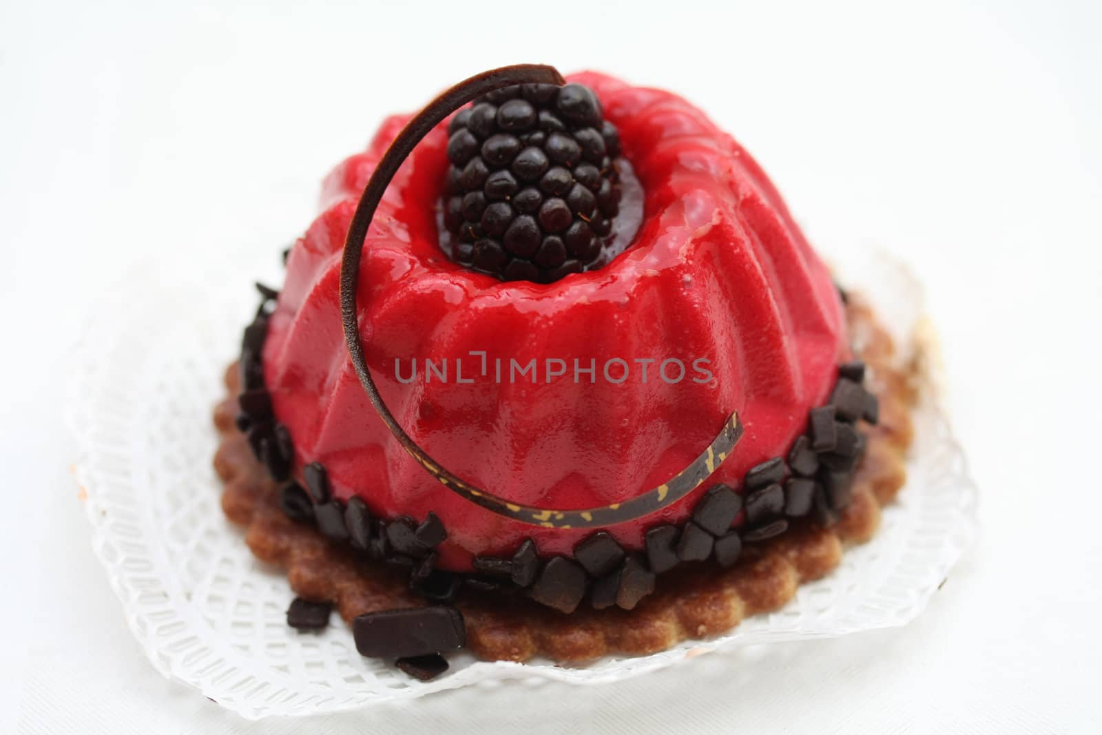 red fruitcake with chocolate and bramble decoration