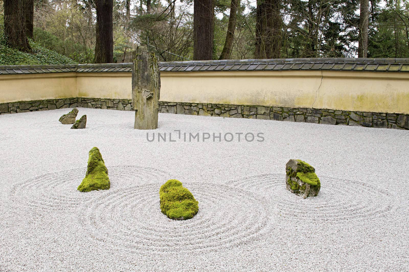 Japanese Stone and Sand Garden with Tiled Roof Wall by Davidgn