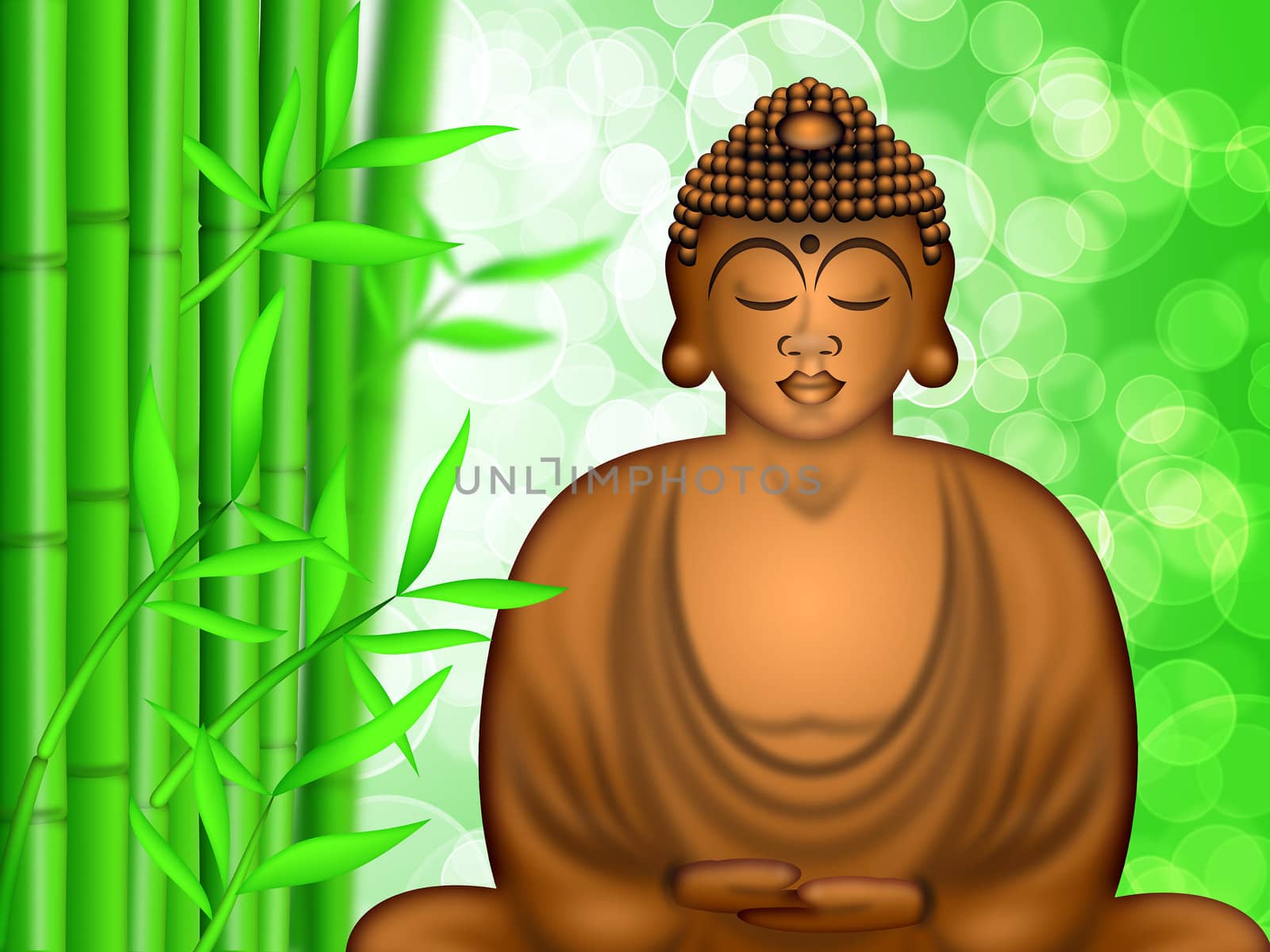 Zen Buddha Meditating by Bamboo Forest Blurred Background Illustration