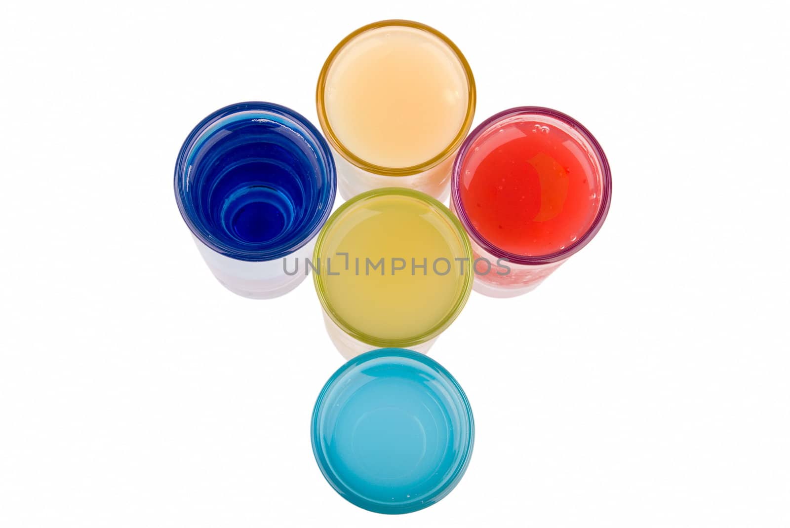 A collection of shot's in different colors on white background