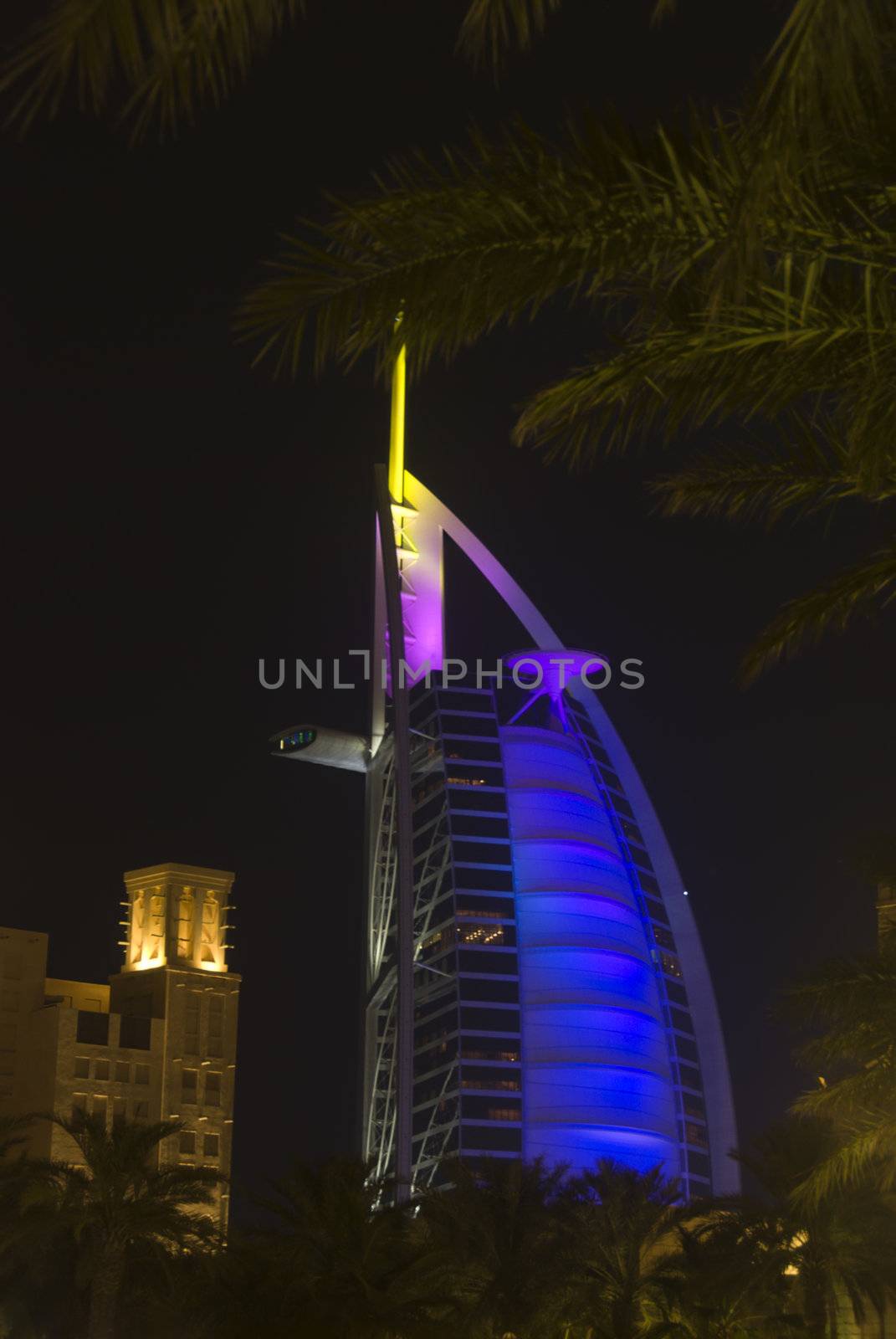 Night view of Burj Al Arab with colorfull illumination