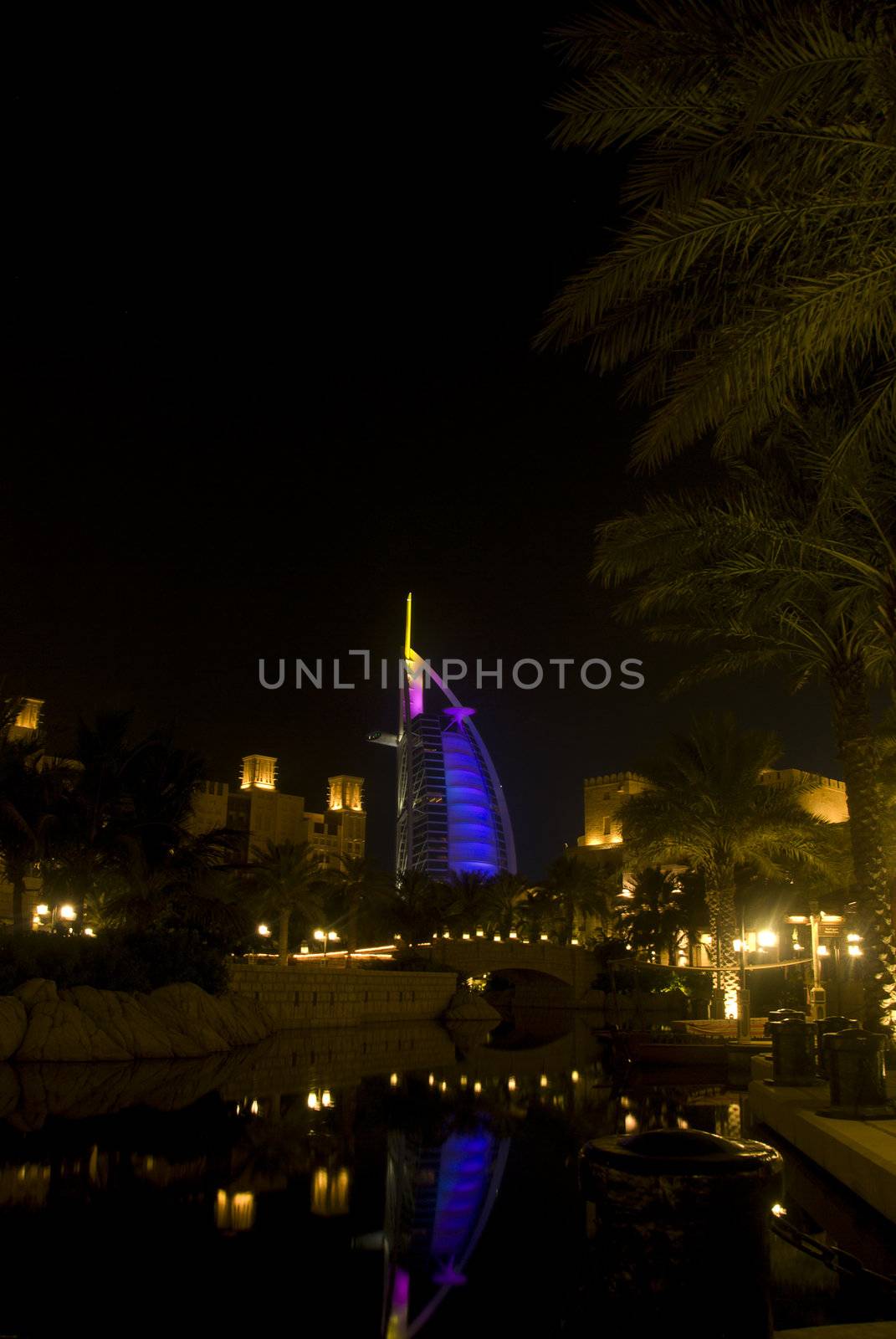 Night view of Burj Al Arab with colorfull illumination