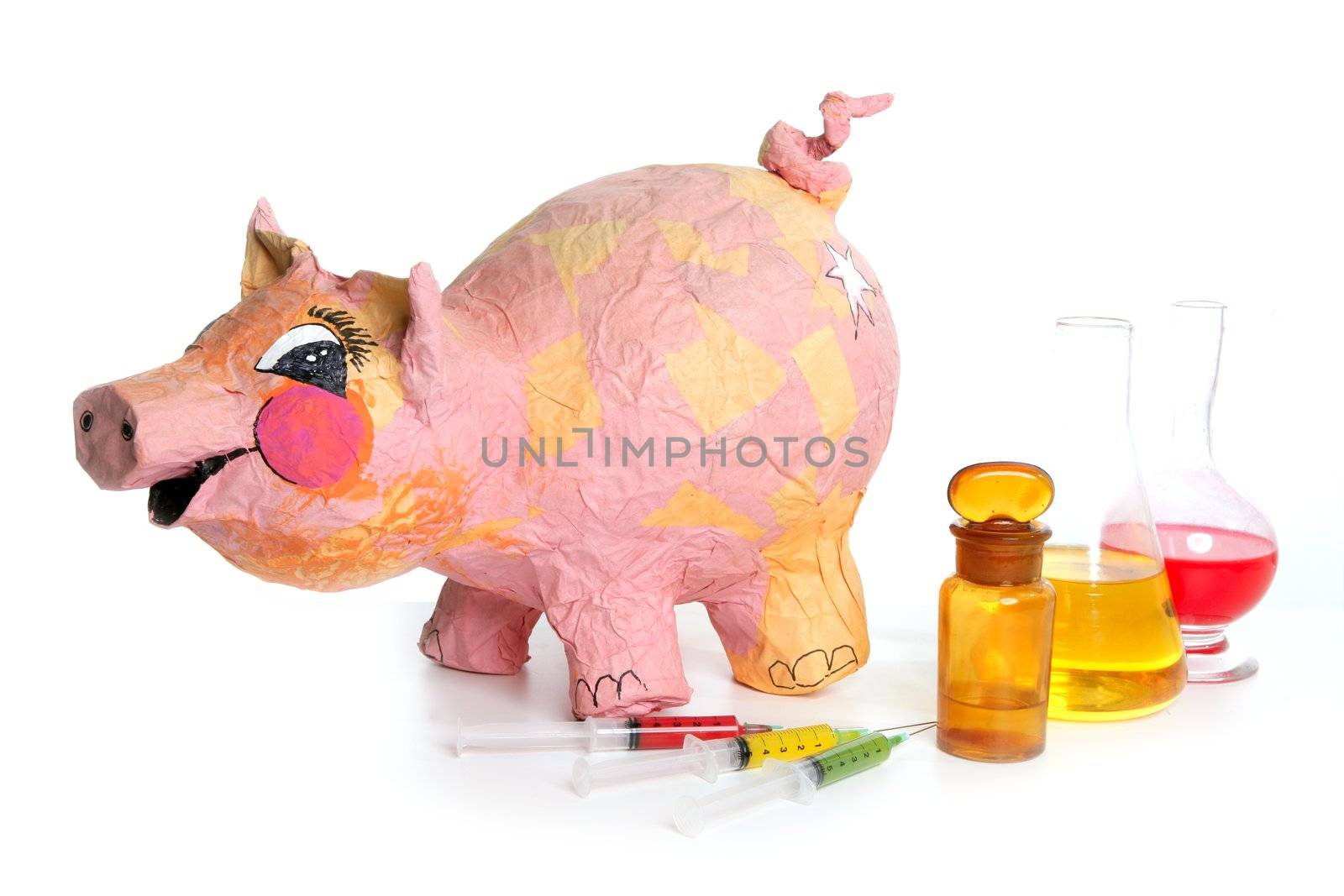 Beautiful little pink pig with medicine, swine AH1N1 flu metaphor