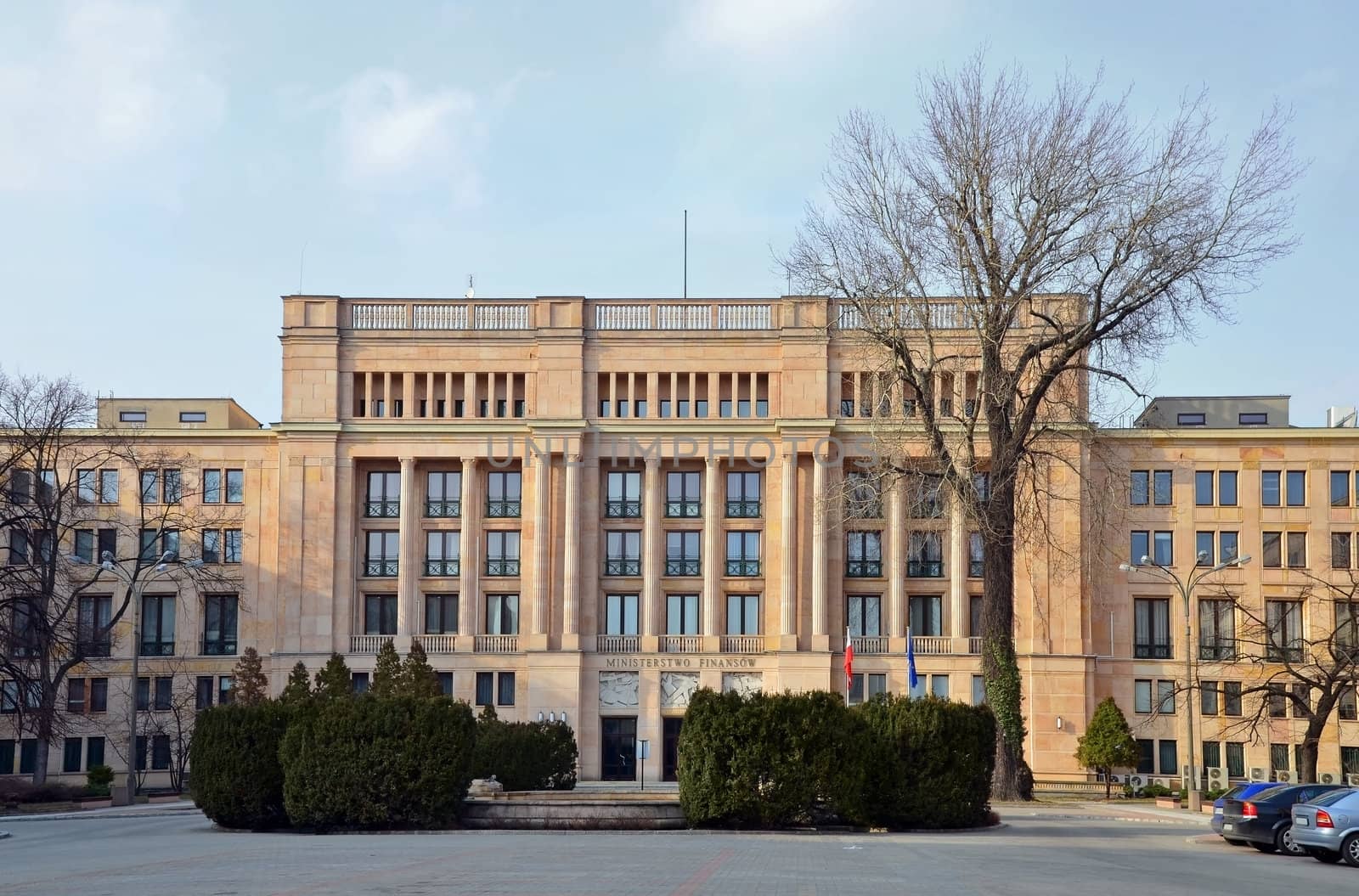 Facade of polish Ministry of Finance and Treasury of the country. Main entrance.