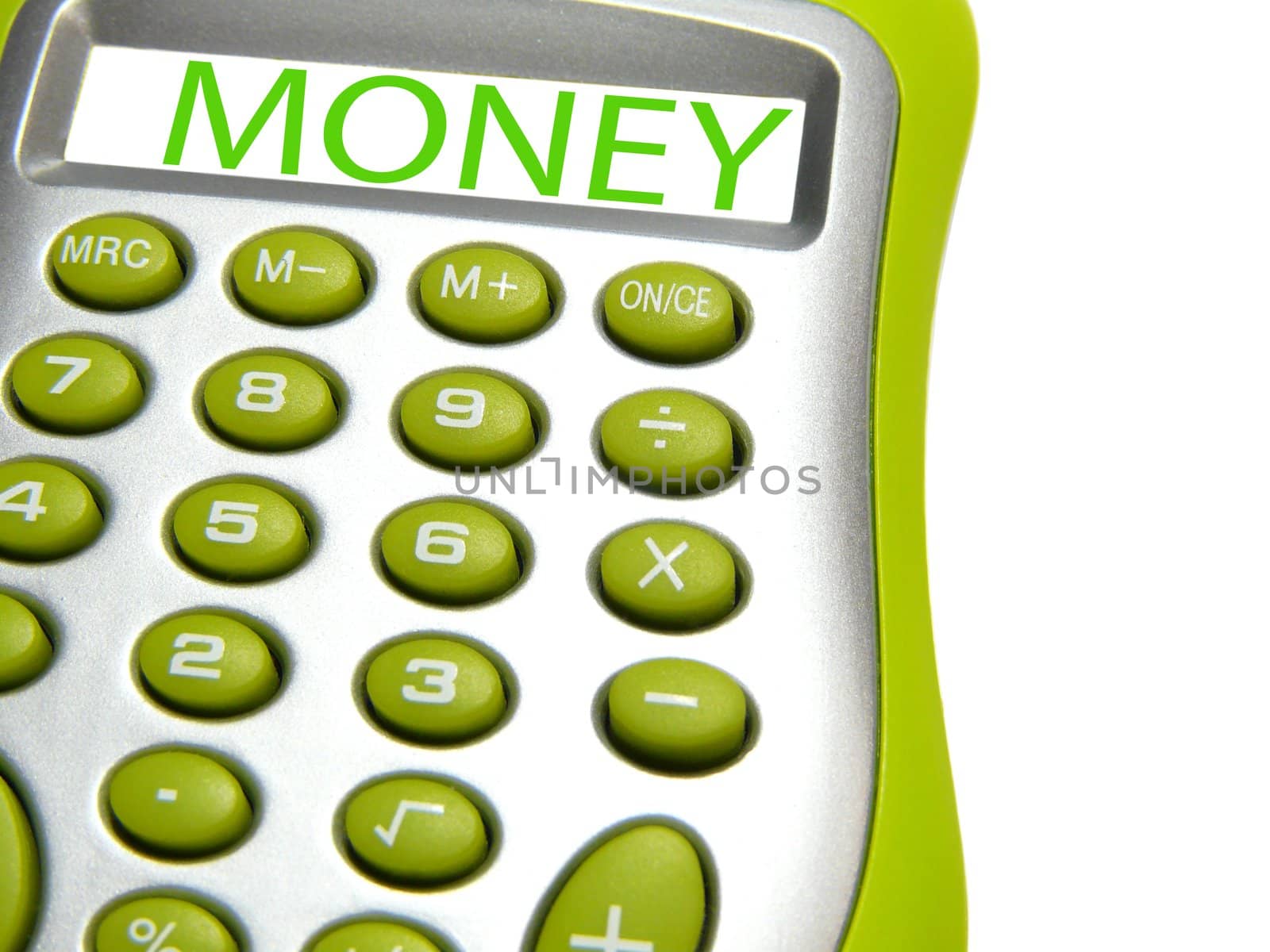 calculator with word money on it isolated on white background