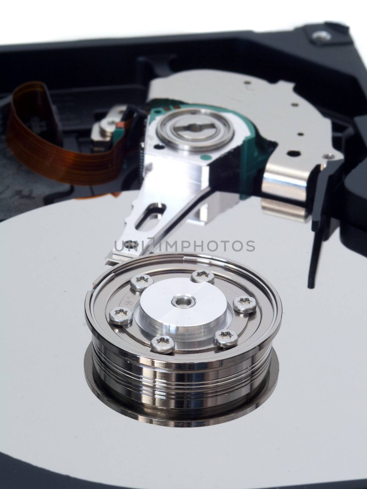 Detailed view of the inside of a hard disk drive (HDD)