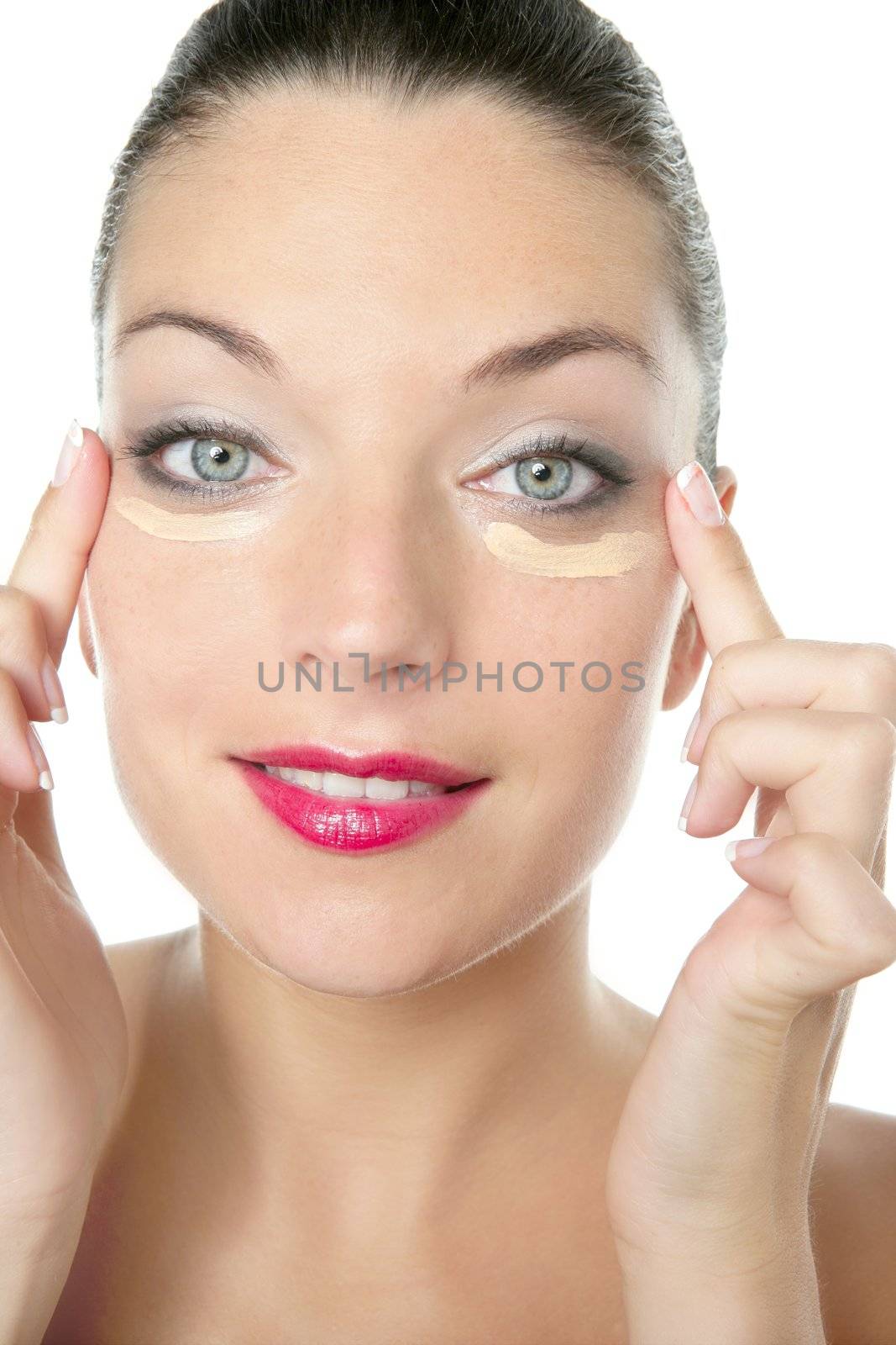 Beauty closeup portrait of a red lips woman and cosmetic cream