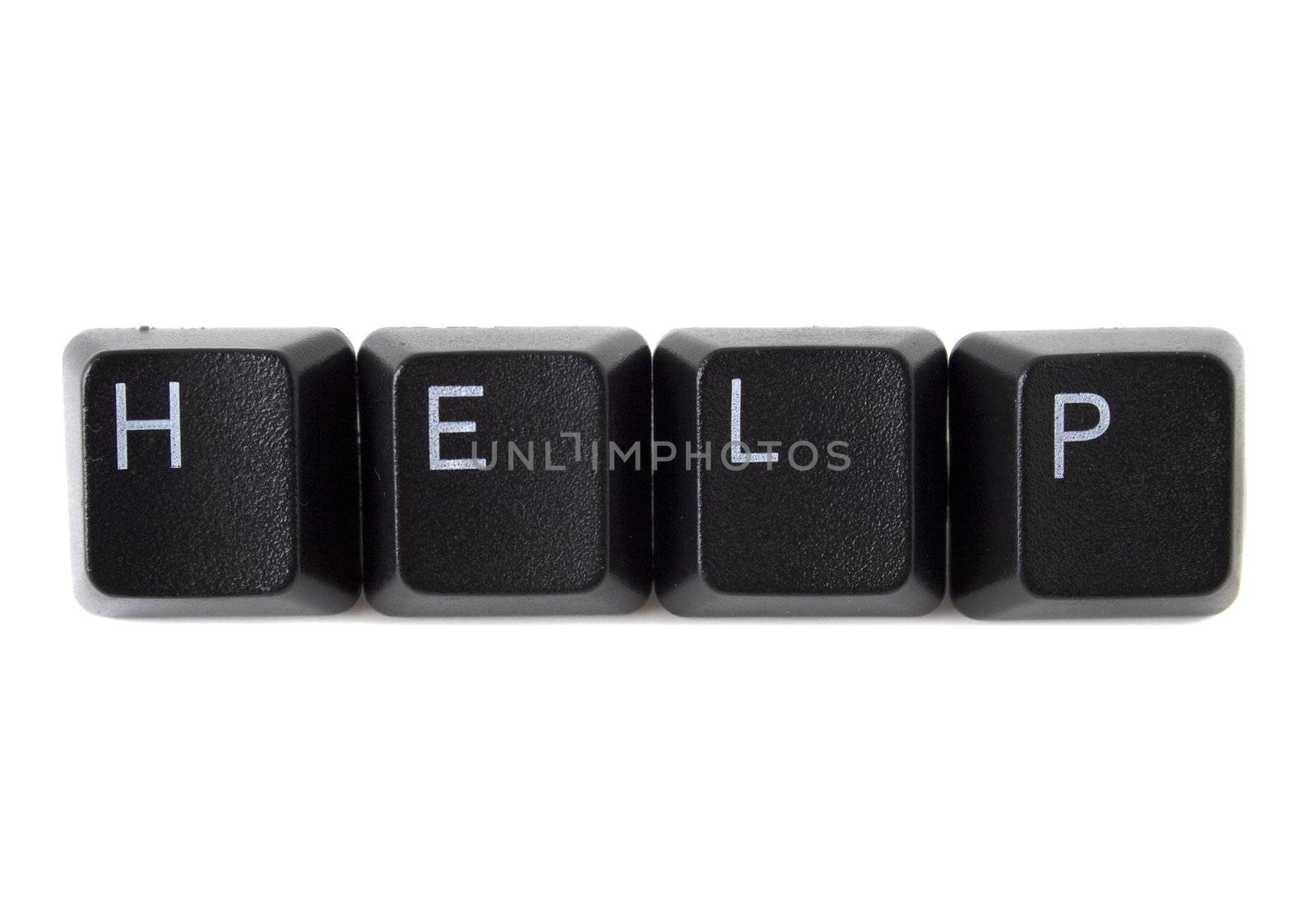 The word help spelled out with black keyboard keys