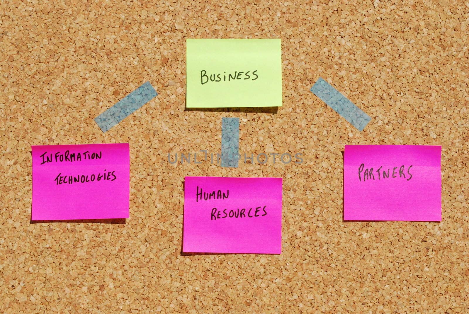 concept of a business organization on a cork board with post it notes