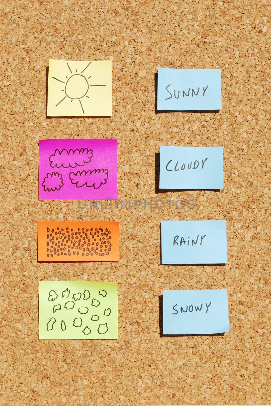 concept about types of weathers on a cork board