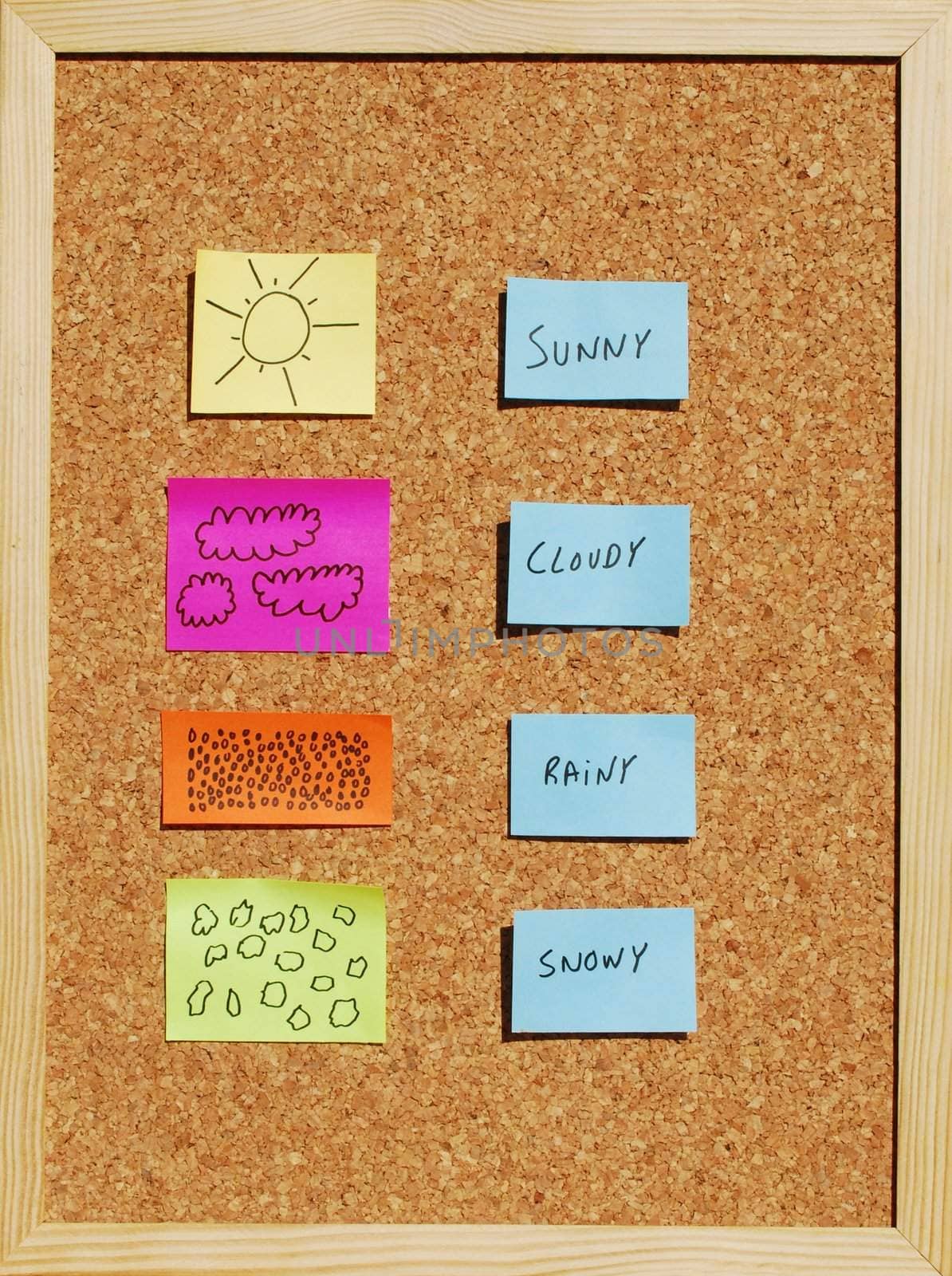 concept about types of weathers on a cork board