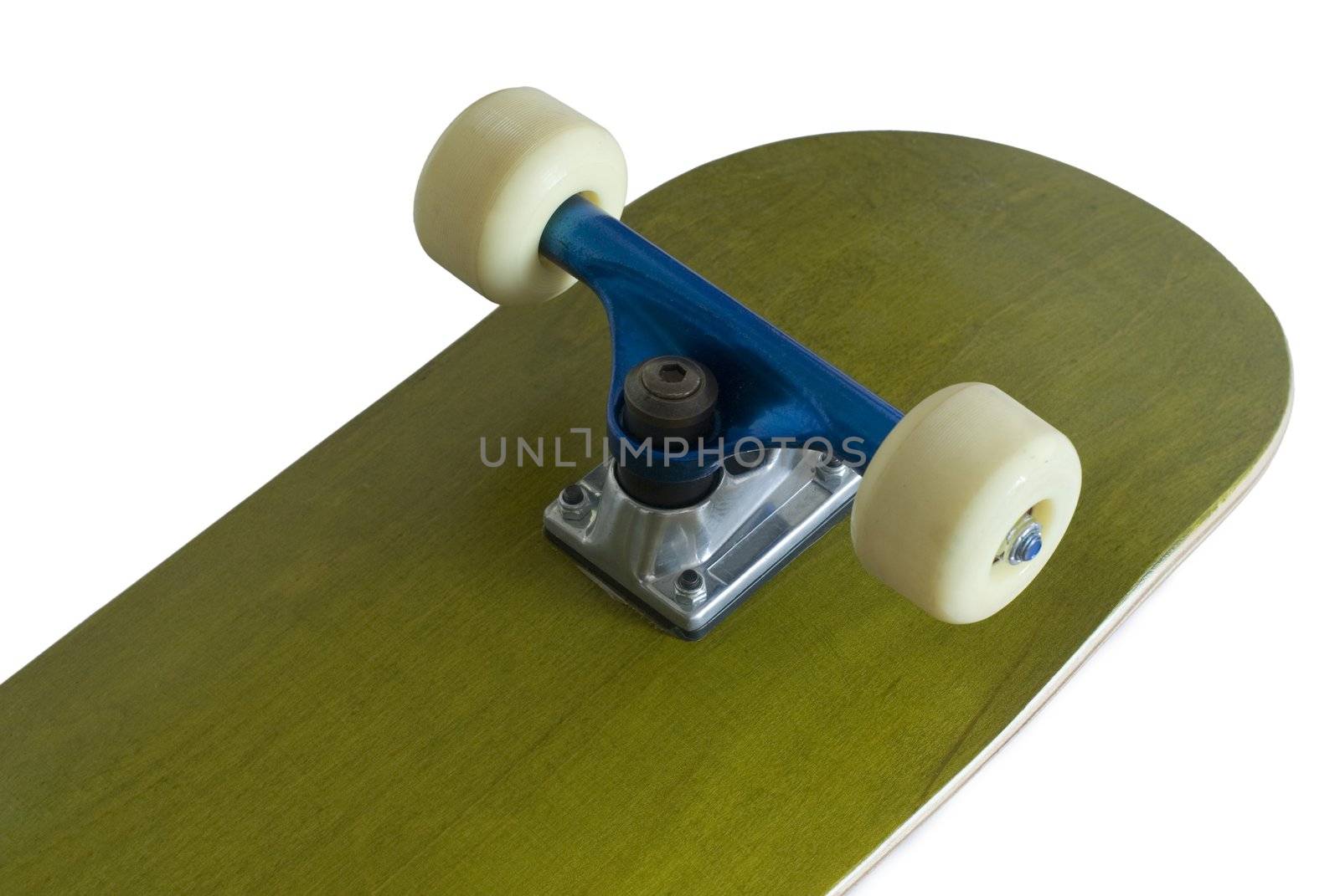 underside of a skateboard deck with blue metallic trucks