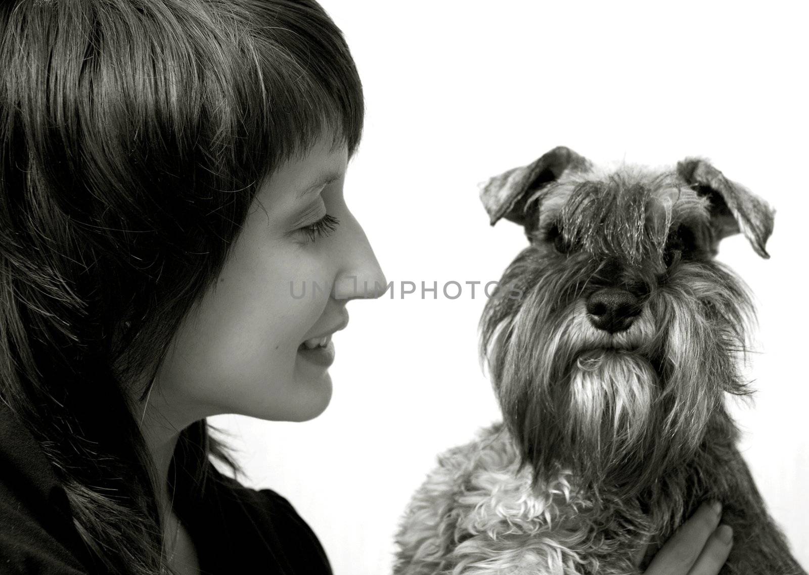 Happy owner with her pet schnauzer isolated on white
