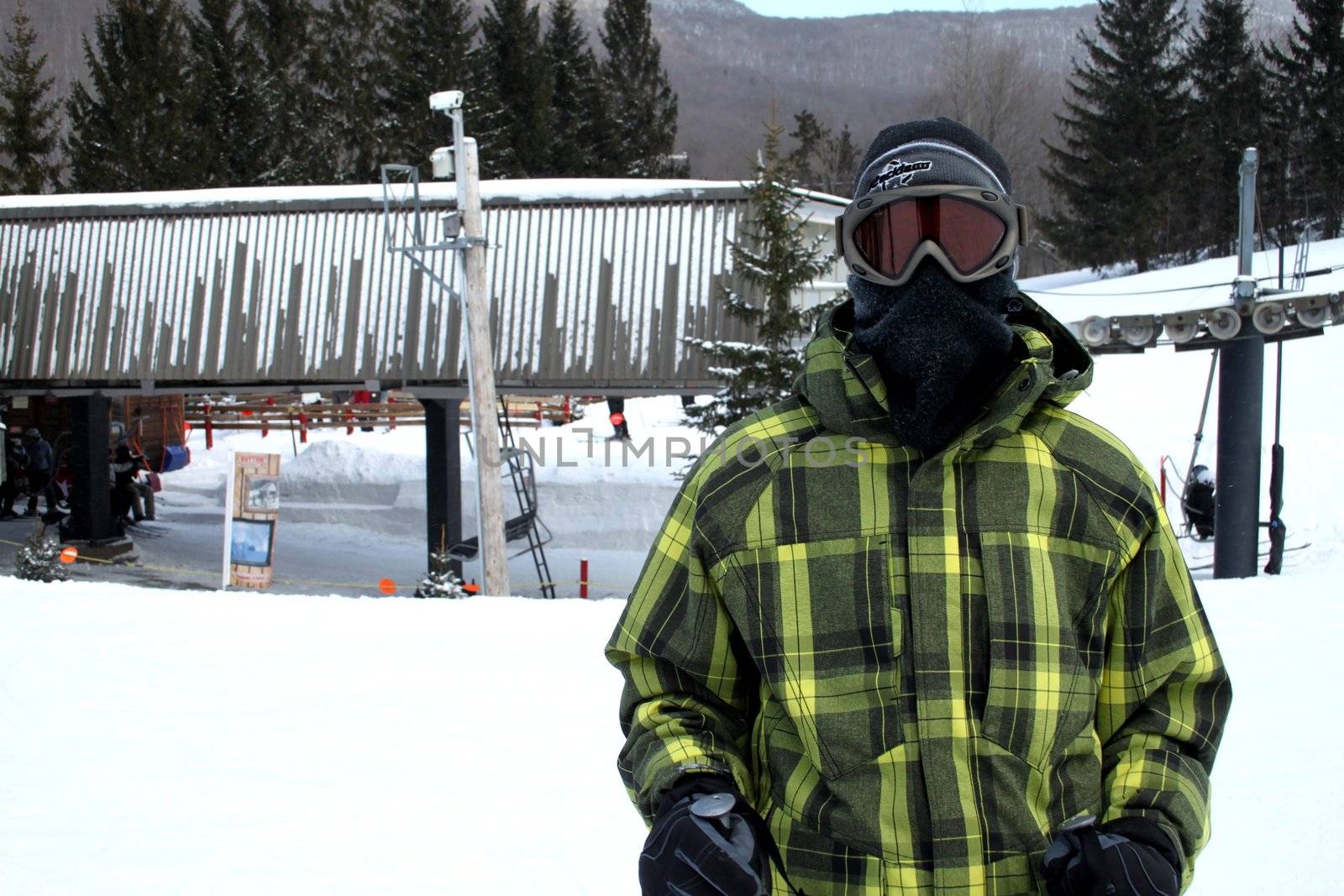Skier hidden behind goggles and ski hood