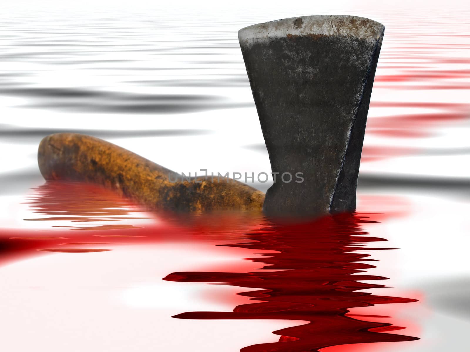 Photo of the old rusty axe in red blood and water