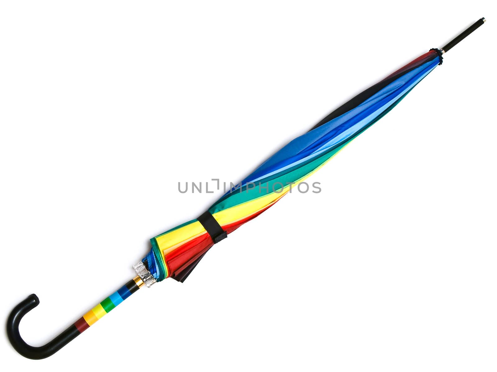 Photo of the multicolored closed umbrella against the white background