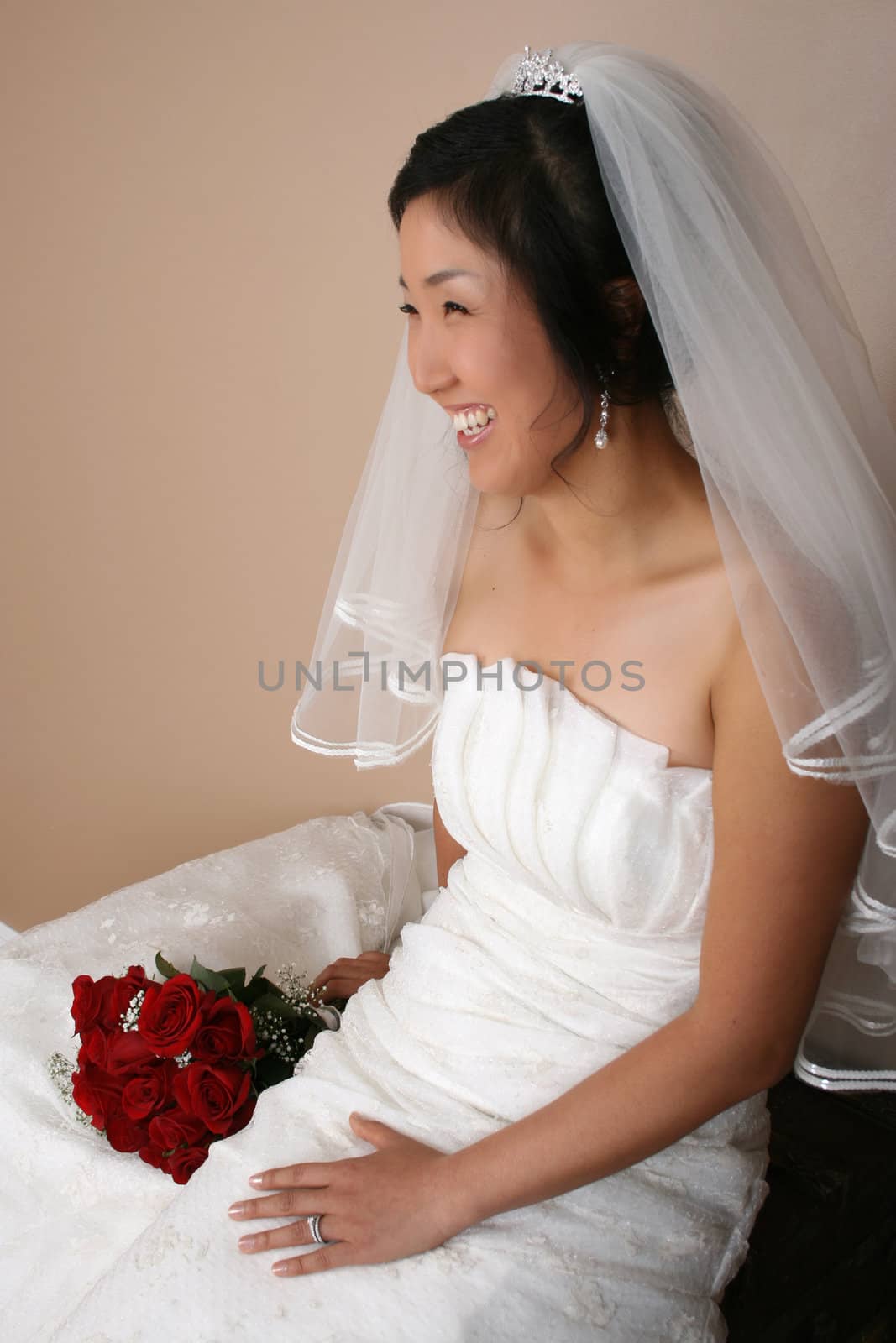 Beautiful bride wearing a traditional gown with red roses