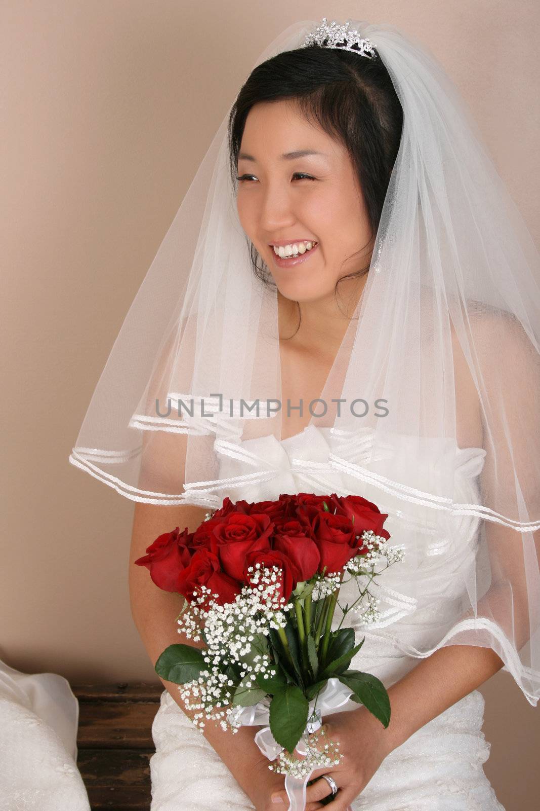 Beautiful bride wearing a traditional gown with red roses