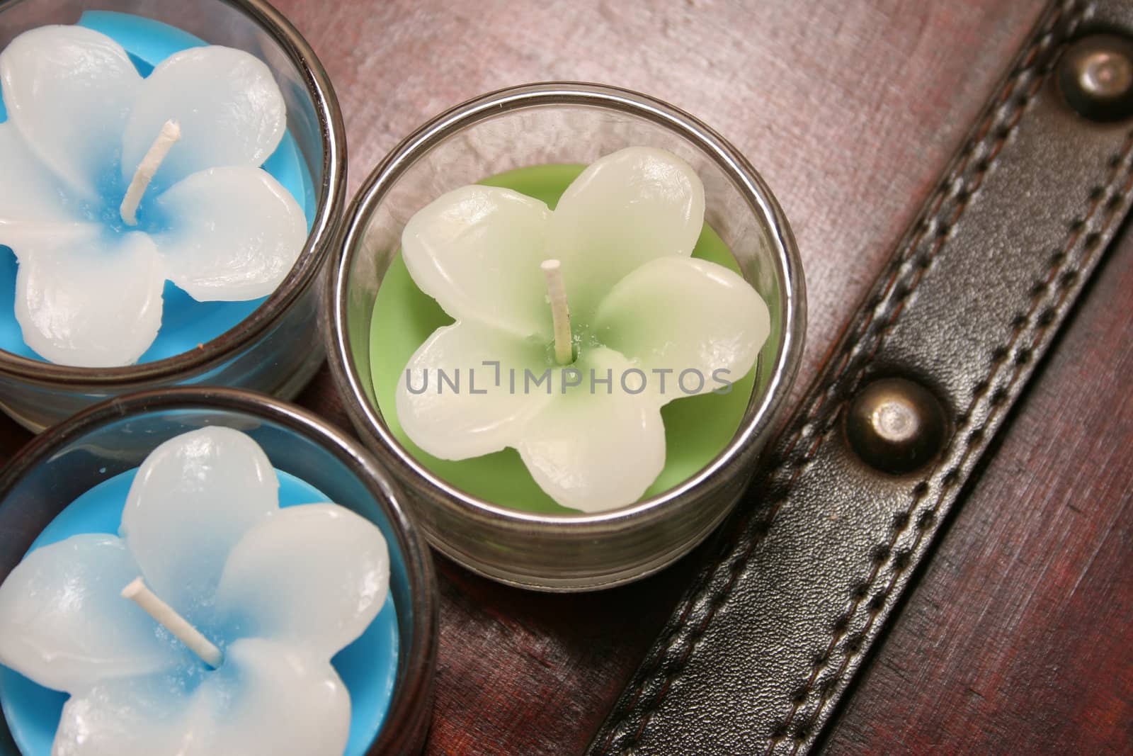 Blue and Green Flower Candles in glass pots