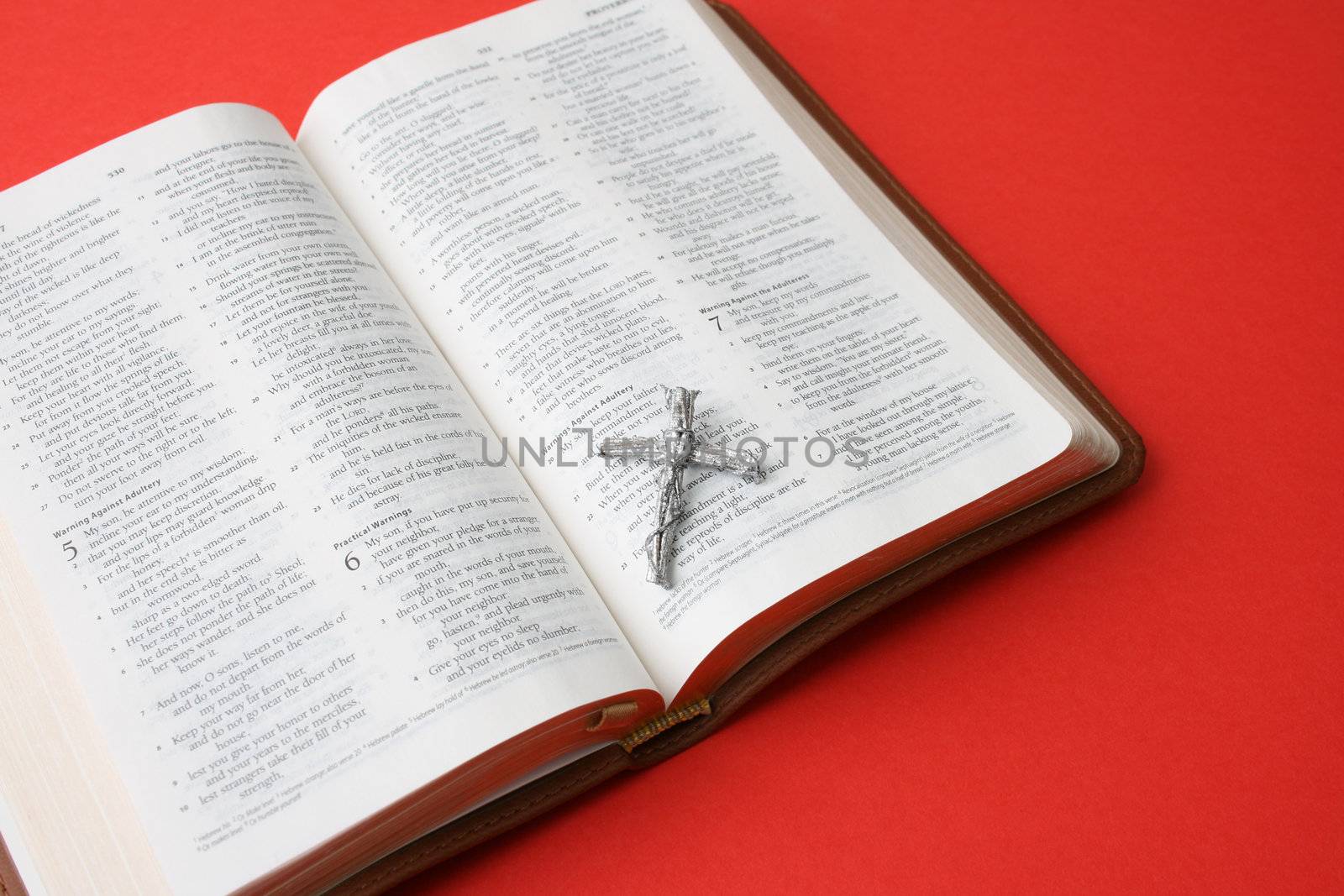 Leather bound bible opened at a piece of scripture